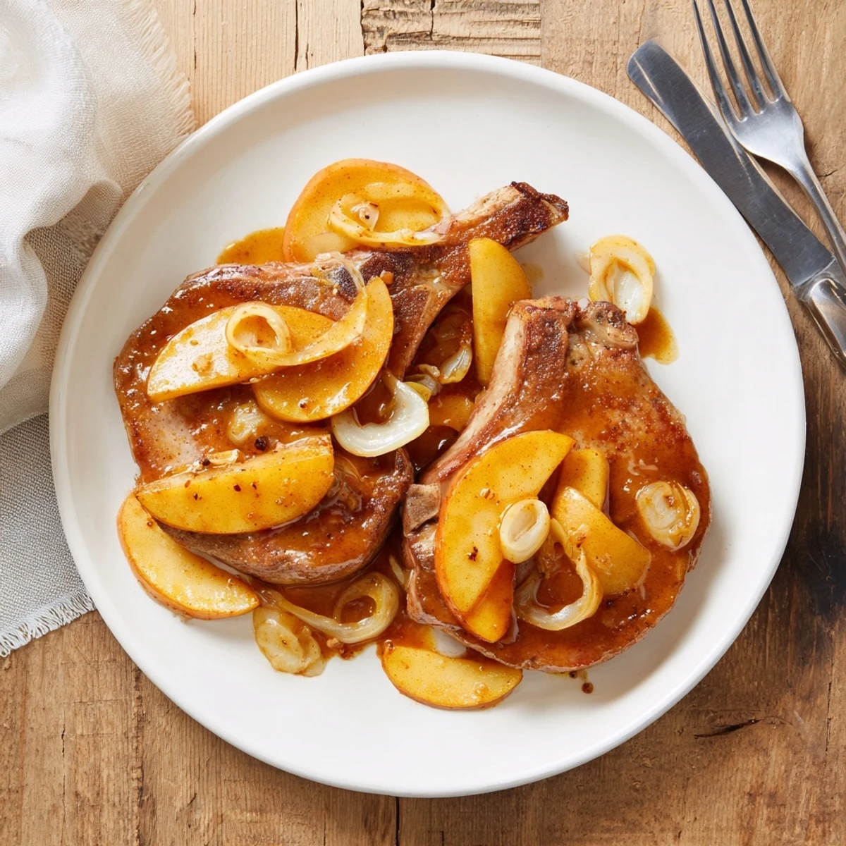 Savory seared pork chops smothered in sweet cinnamon apple butter sauce with softened onions and apples