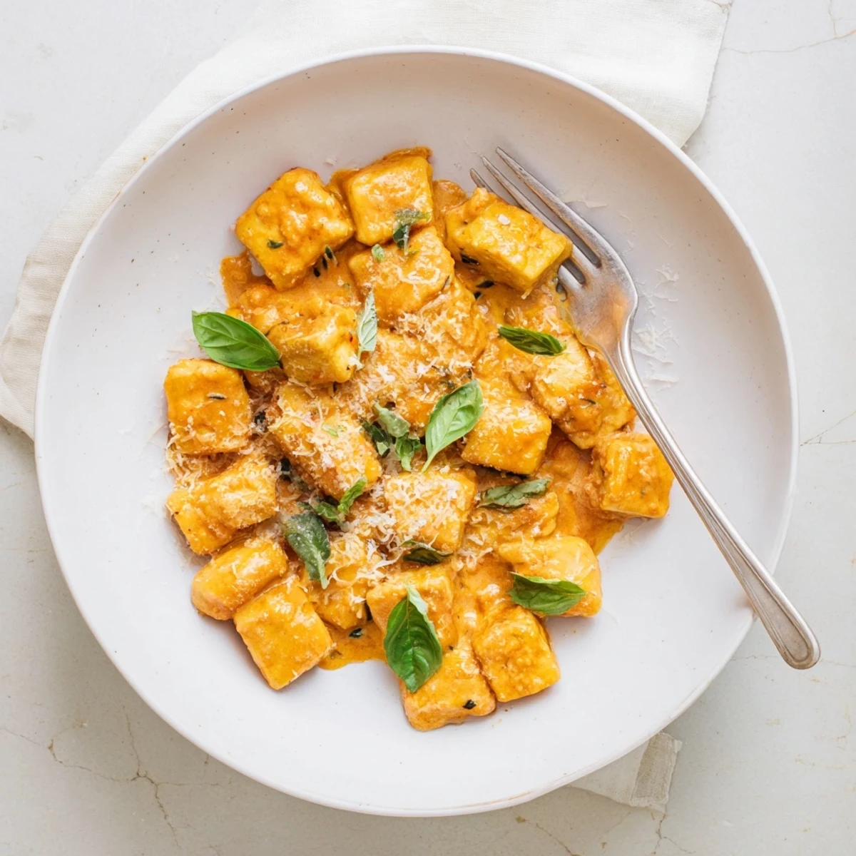 Golden crispy tofu cubes and pillowy gnocchi swimming in rich creamy sun-dried tomato sauce