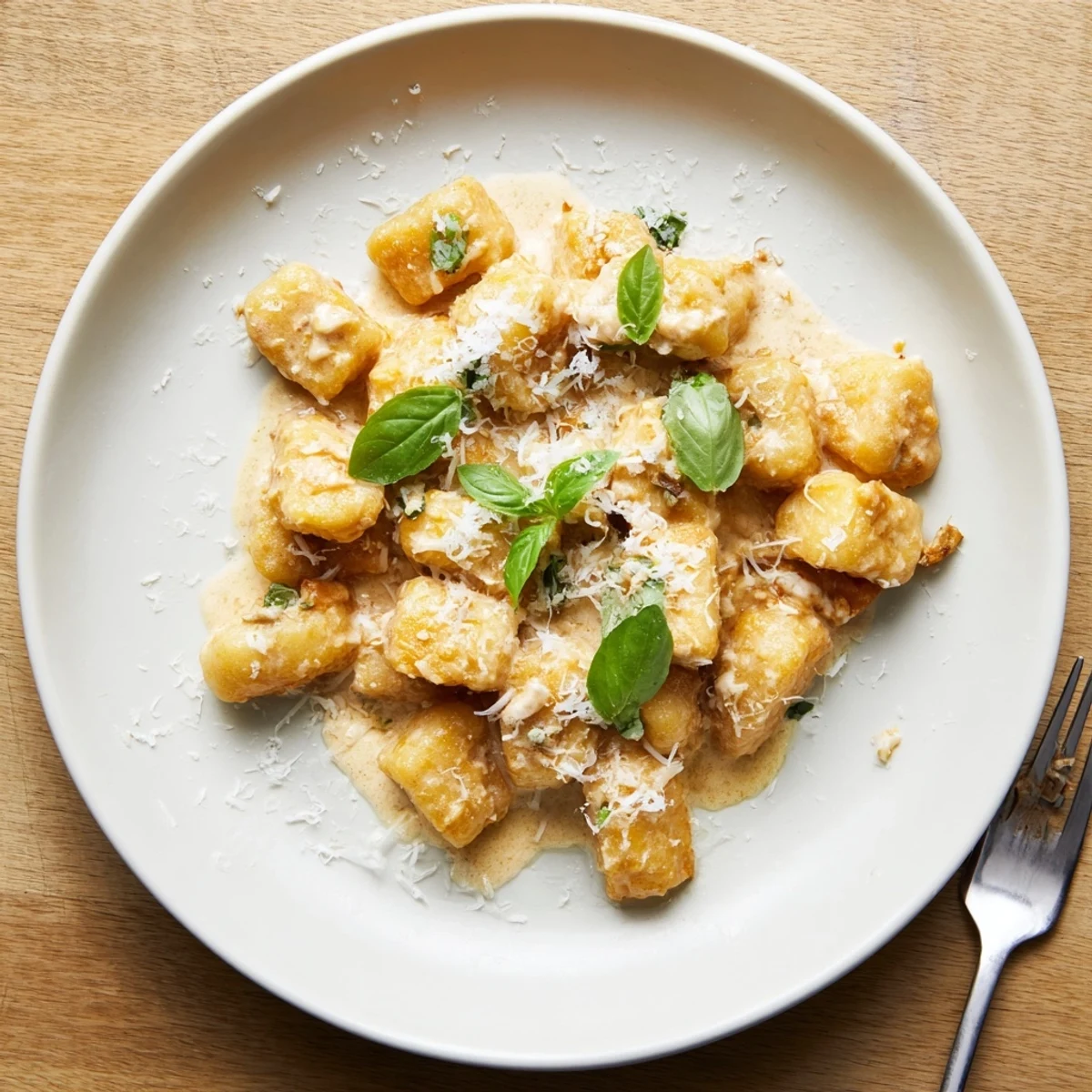 Steamy bowl of Marry Me crispy tofu with gnocchi coated in velvety tomato cream sauce