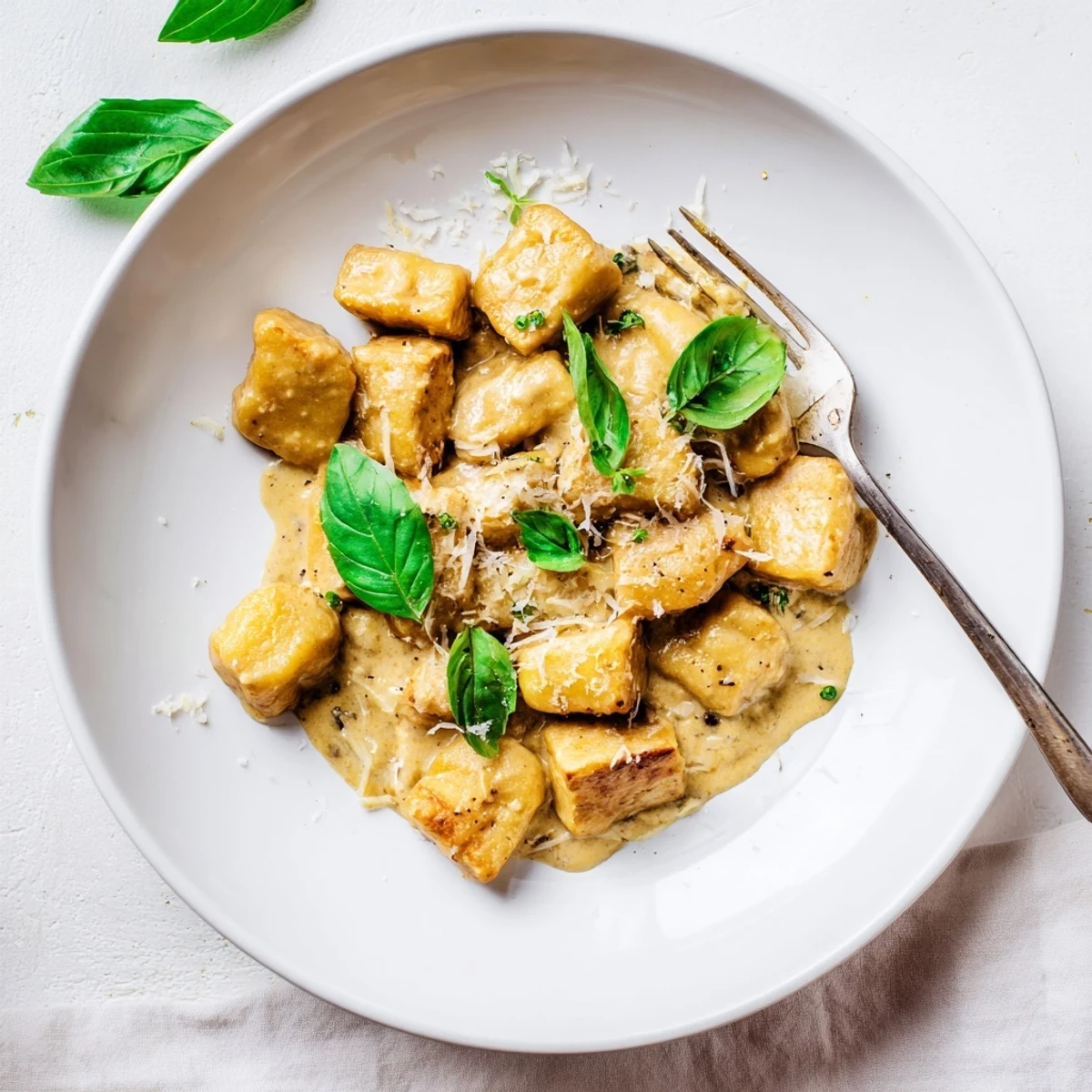 Restaurant-style vegetarian dish featuring crispy browned tofu and tender gnocchi in luxurious sun-dried tomato cream sauce