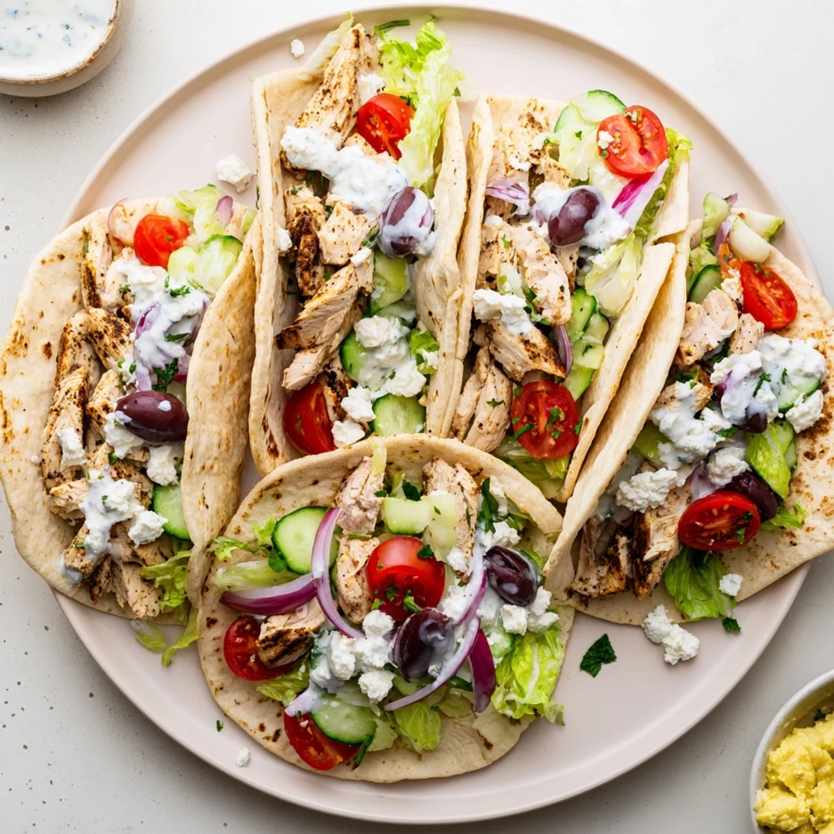 Golden grilled Mediterranean chicken tacos topped with crisp vegetables and creamy feta in soft tortillas