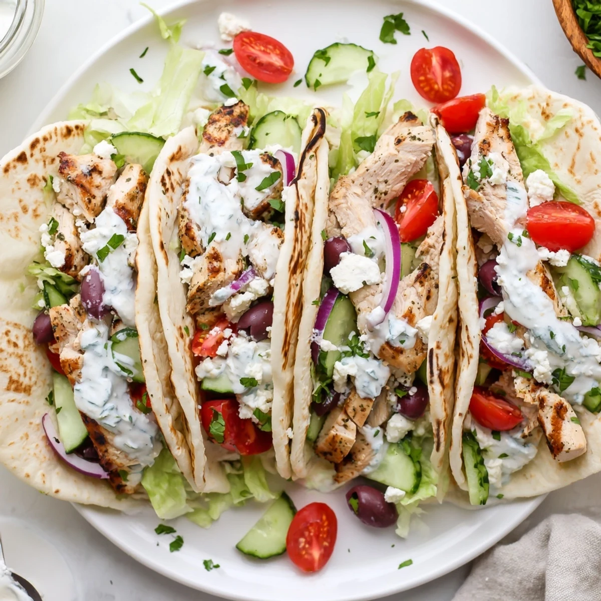 Mediterranean chicken tacos featuring seasoned sliced chicken with fresh tomatoes cucumbers and tangy yogurt sauce