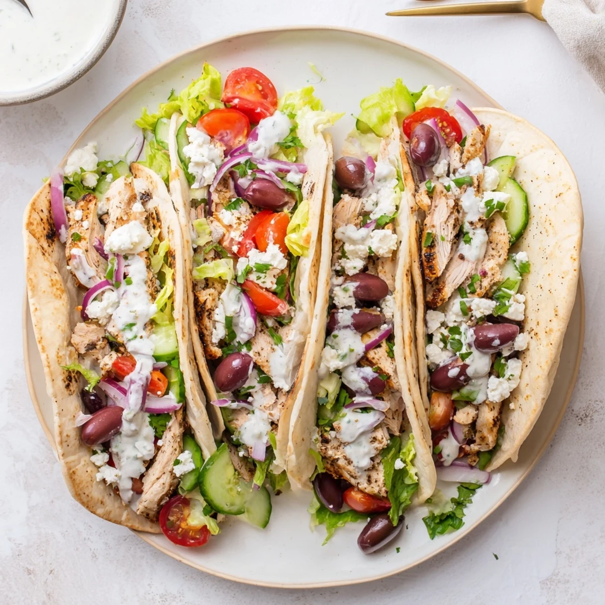 Colorful plate of Mediterranean chicken tacos loaded with lettuce olives red onion and crumbled feta cheese