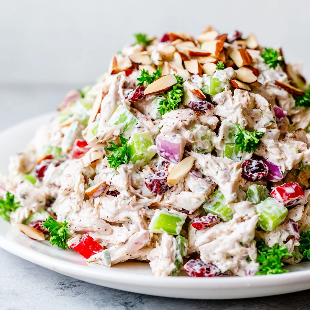 Tender shredded rotisserie chicken salad in creamy Greek yogurt dressing with colorful diced vegetables