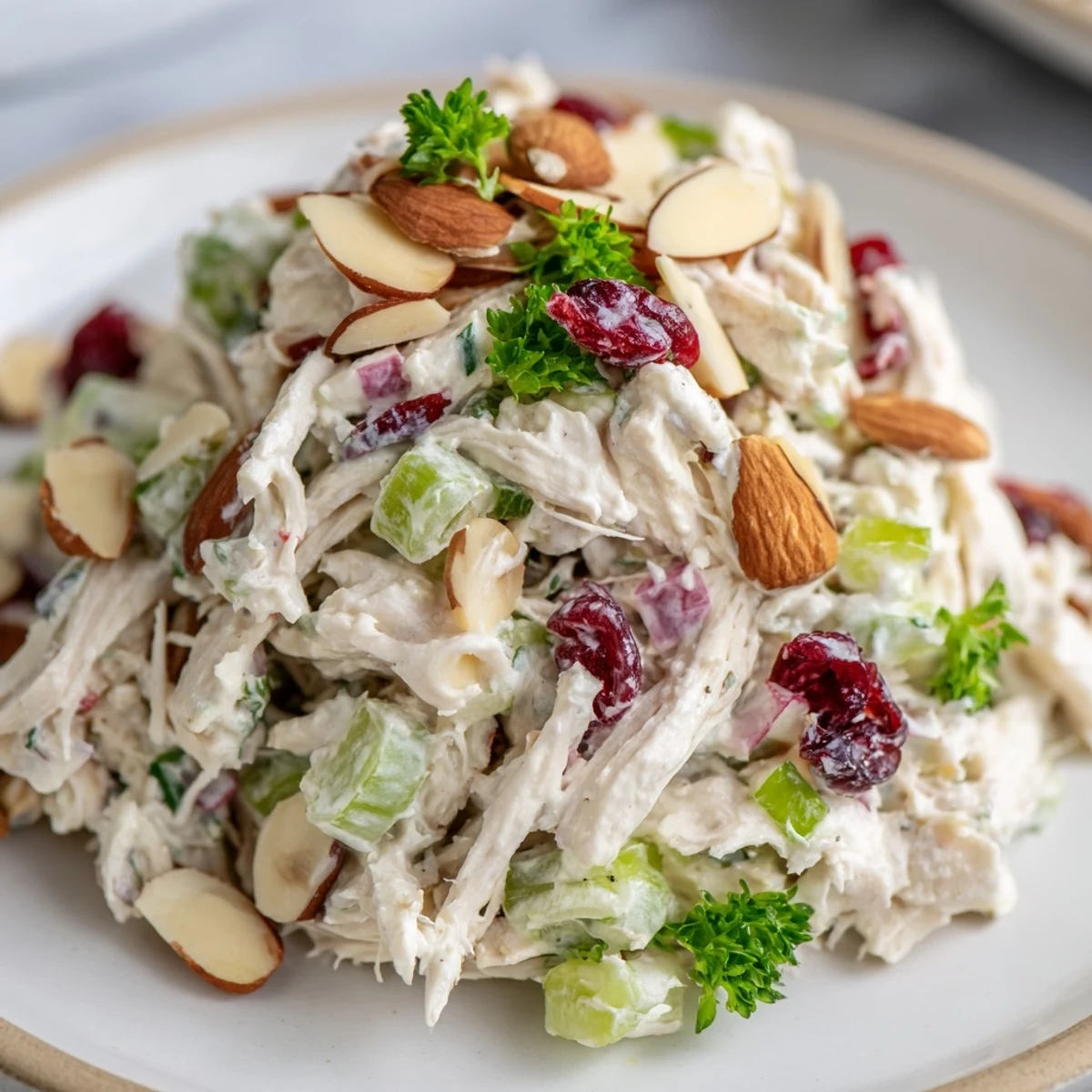 Healthy Greek yogurt rotisserie chicken salad plated on greens with crunchy almonds and cranberries