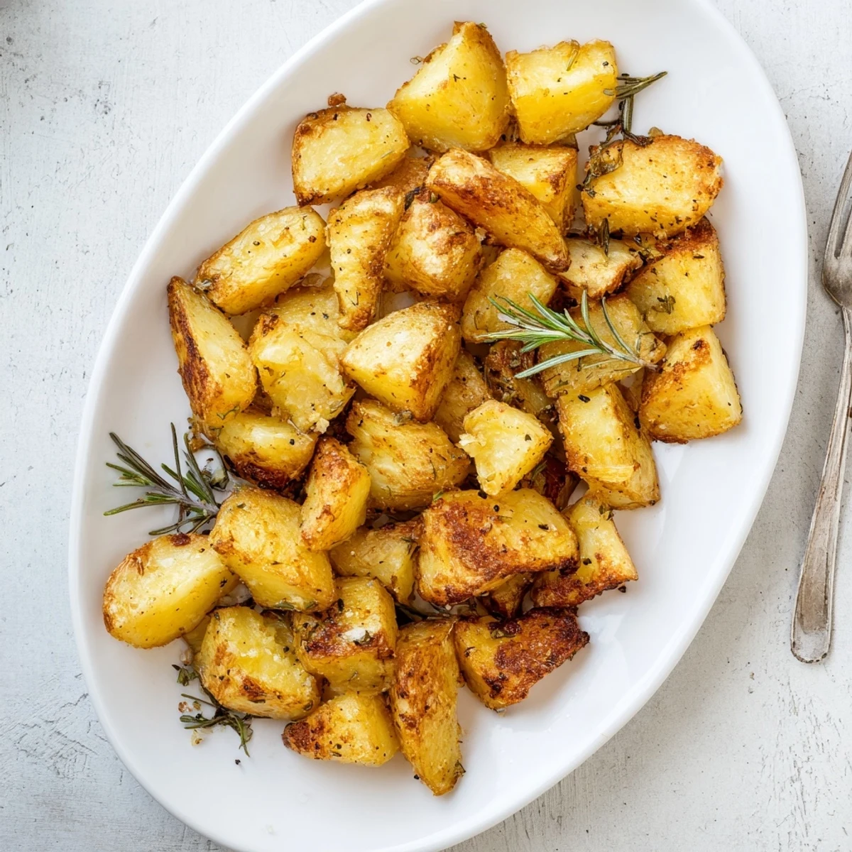 Golden homemade roast potatoes with crispy edges and fluffy centers scattered on a white serving platter