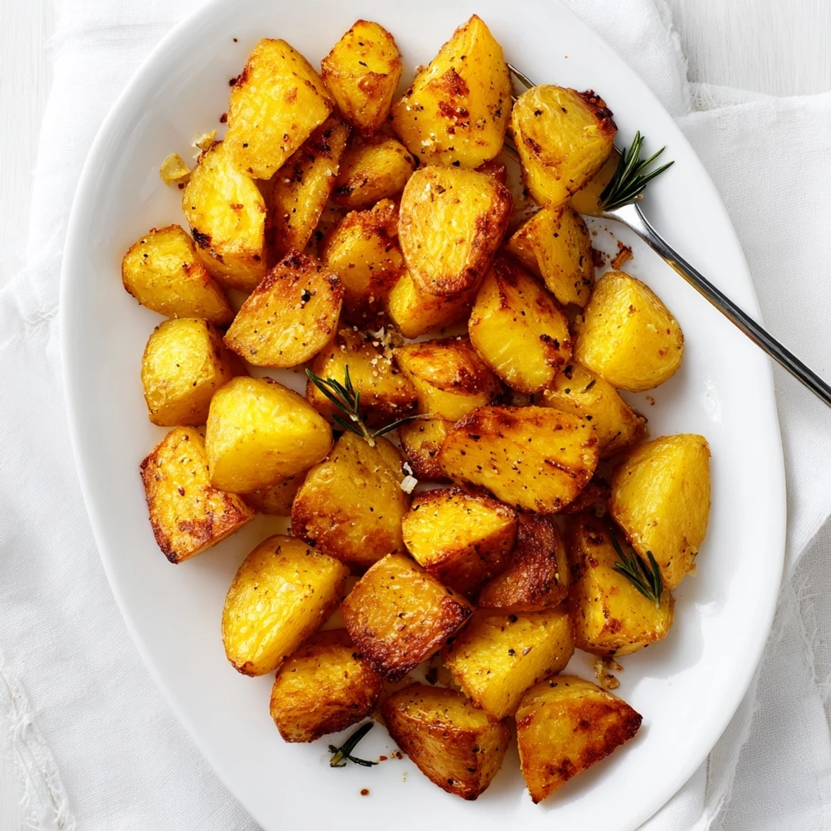 Bronze roasted potato wedges glistening with hot oil and sprinkled with sea salt flakes