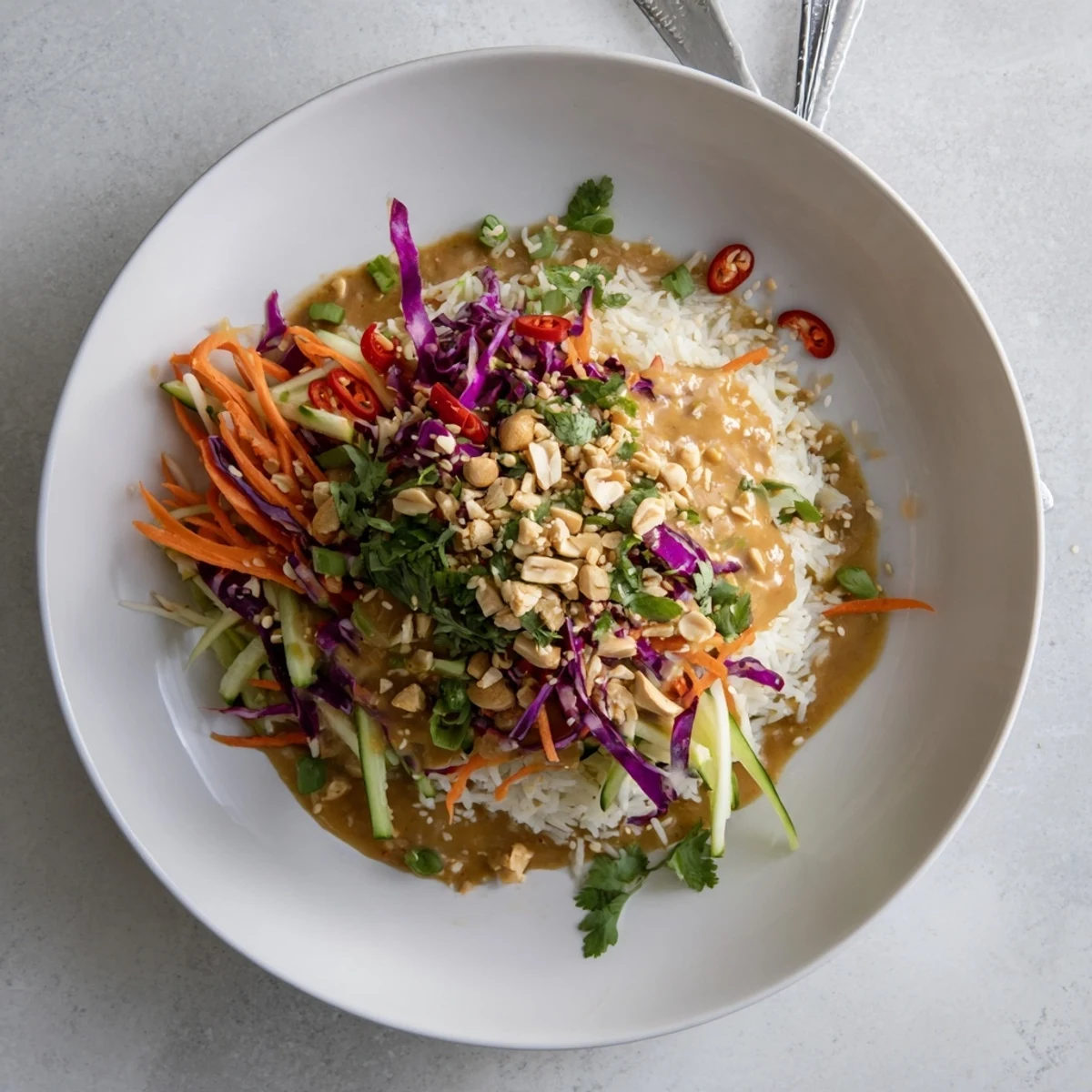 Colorful bowl of crispy rice salad with peanut sesame dressing topped with fresh vegetables