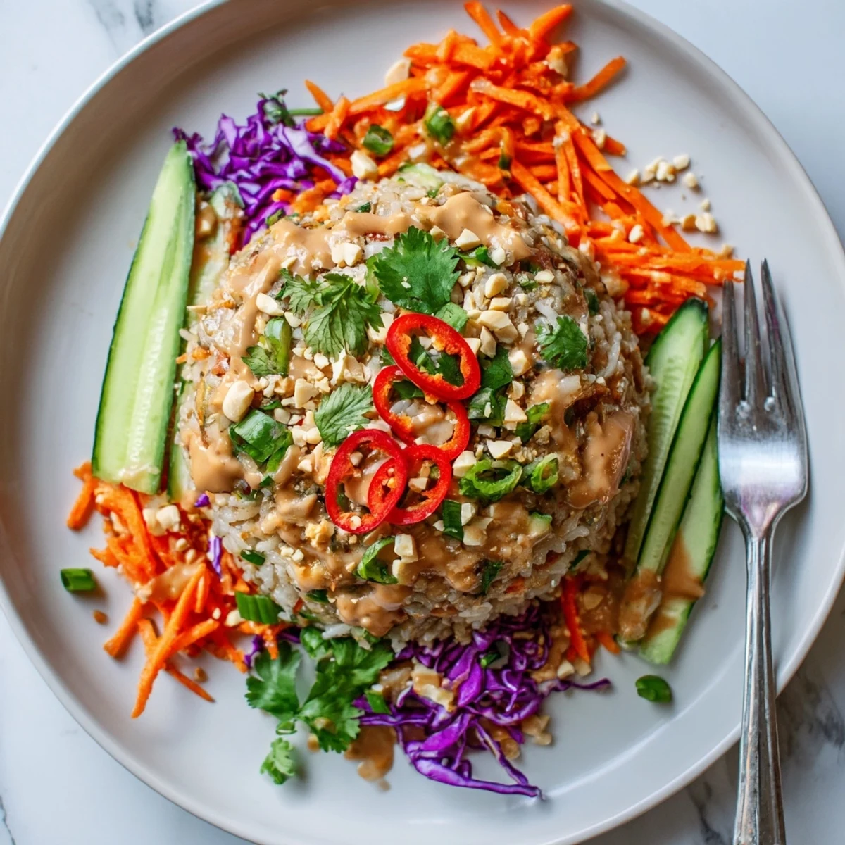 Golden fried rice mixed with crunchy vegetables and creamy peanut sesame dressing in a white bowl