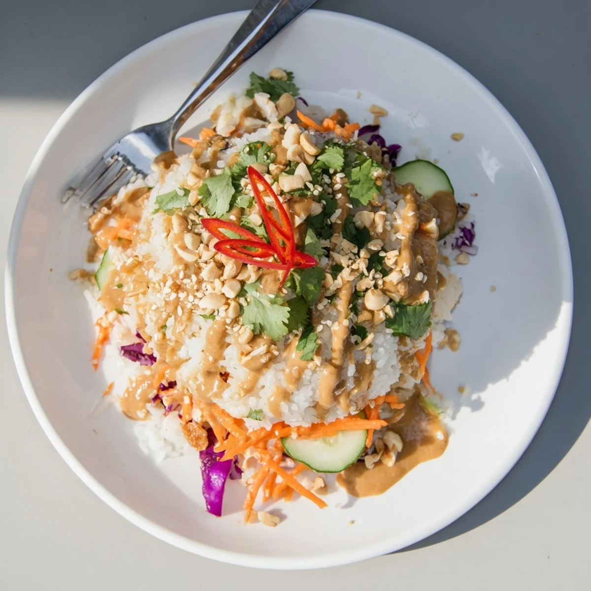 Vibrant Asian-inspired salad featuring crispy rice cubes drizzled with rich peanut sesame dressing and peanuts