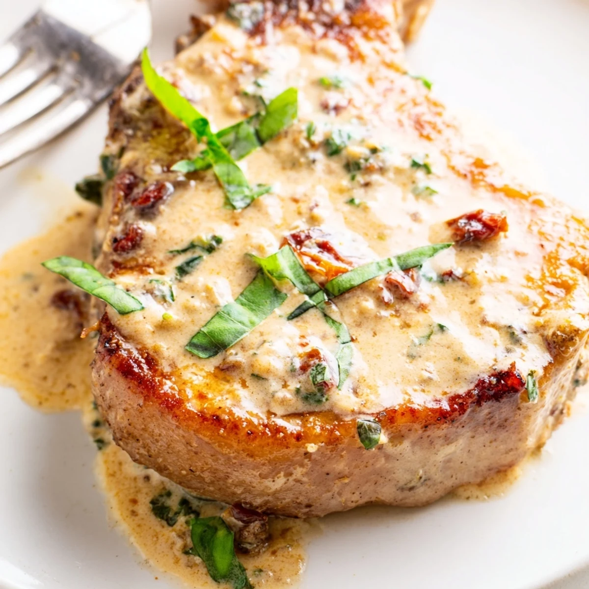 Tender seared pork chops simmering in velvety white sauce dotted with red sun-dried tomatoes and parmesan cheese