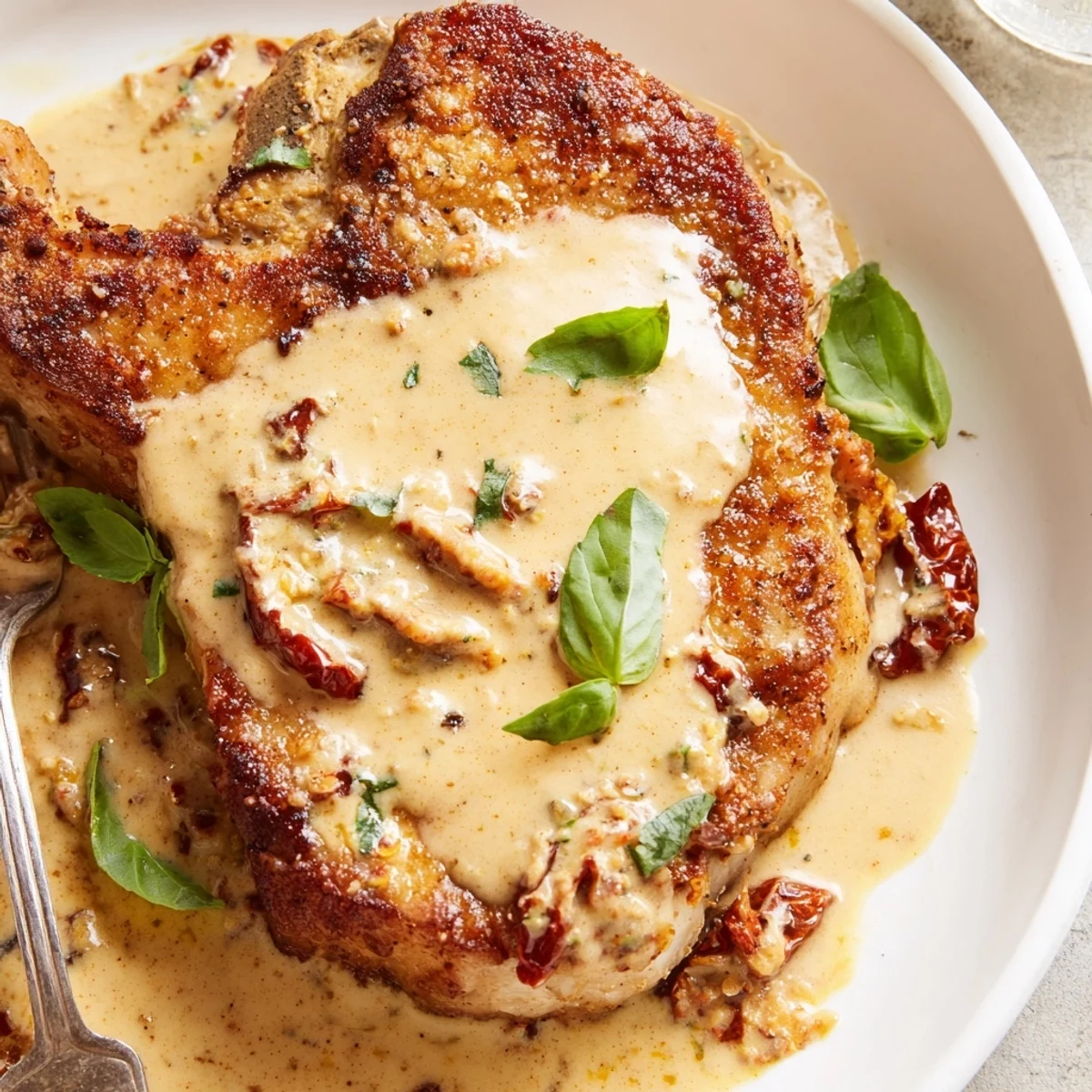 Golden brown Marry Me Pork Chops nestled in rich creamy sun-dried tomato parmesan sauce with fresh basil garnish