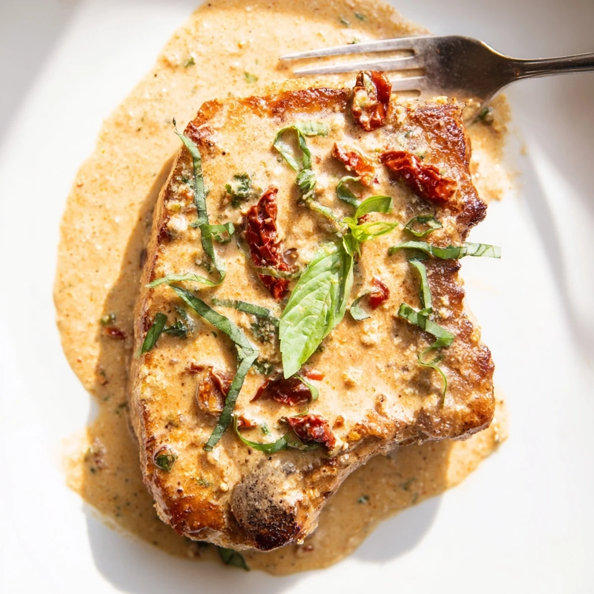 Juicy Marry Me Pork Chops plated in thick cream sauce with chopped sun-dried tomatoes and fresh basil sprinkled on top