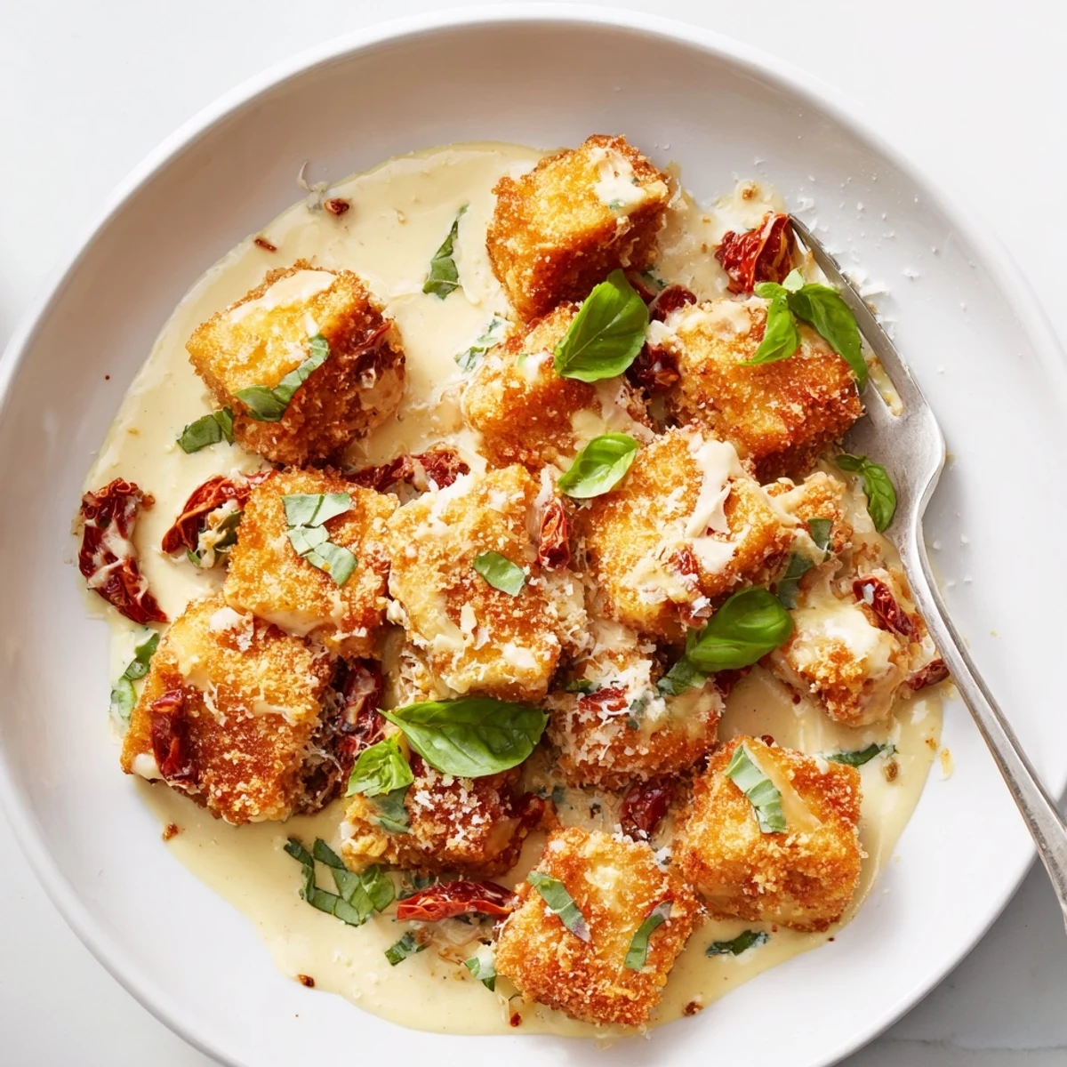 Golden crispy tofu cubes swimming in rich sun-dried tomato garlic cream sauce