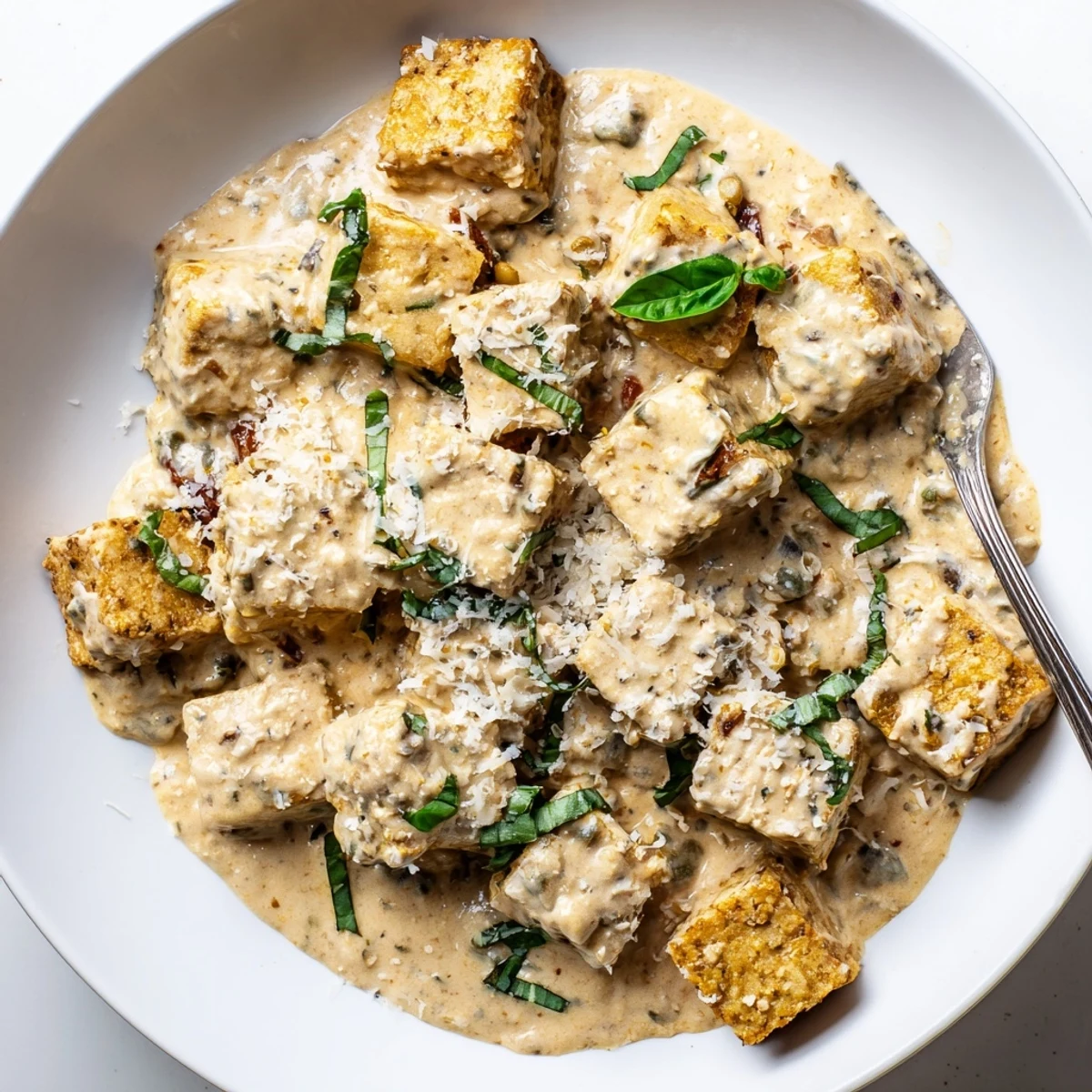 Classic Marry Me Tofu plated with fresh basil garnish over white pasta