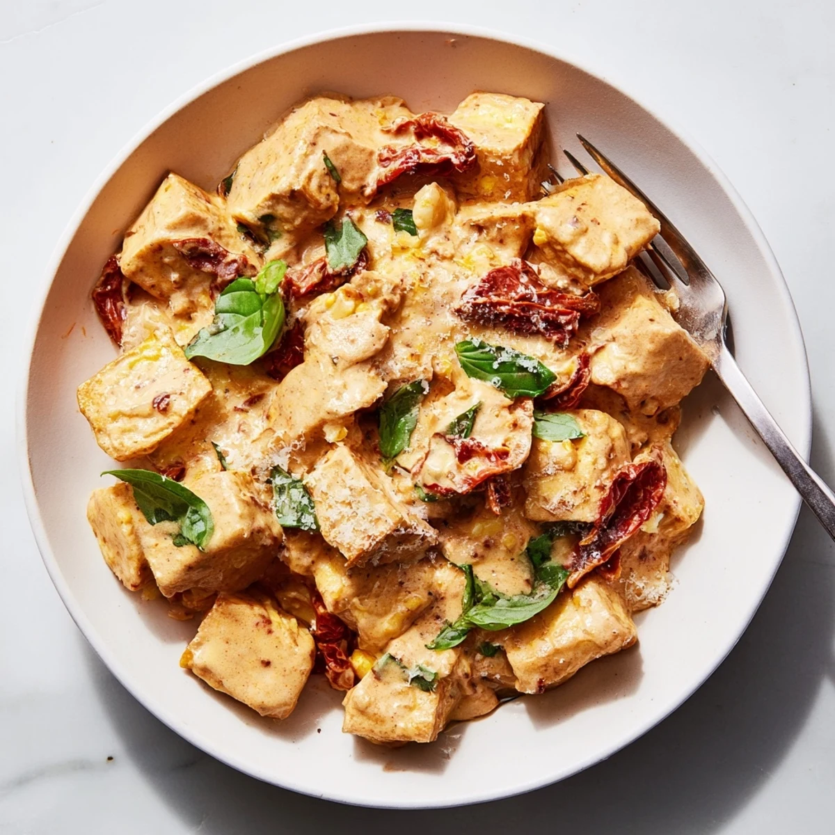 Vegan creamy tofu skillet featuring sun-dried tomatoes and aromatic herbs in white sauce