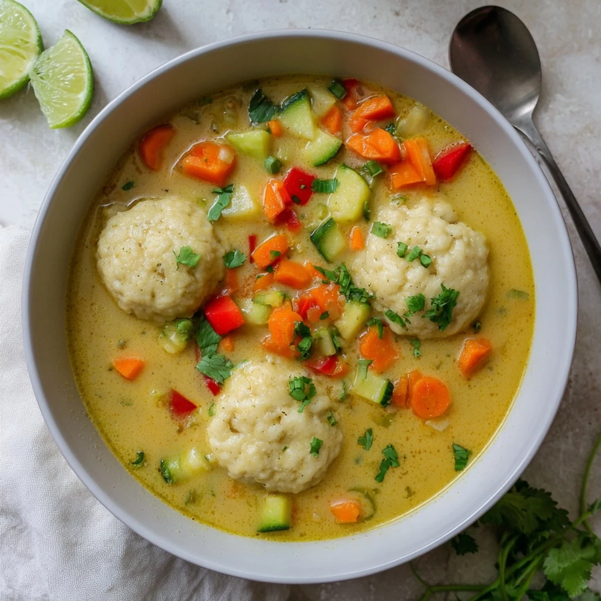 Creamy coconut curry soup with fluffy homemade dumplings featuring colorful vegetables in a rich golden broth