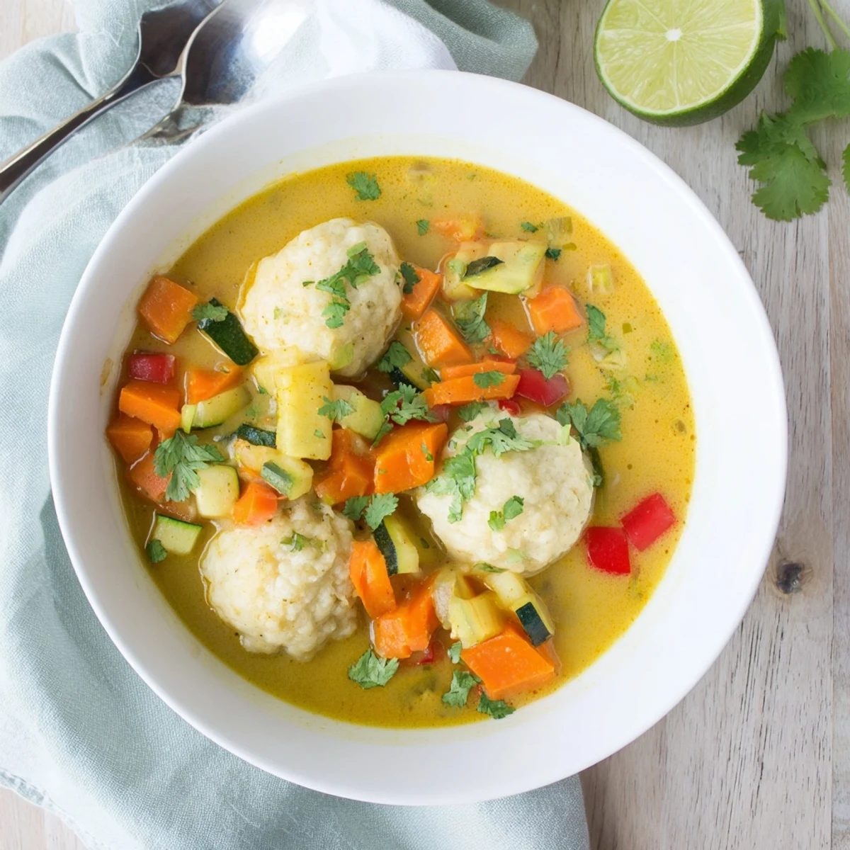 Steaming bowl of coconut curry soup dotted with tender dumplings and fresh cilantro garnish for a comforting vegetarian dinner