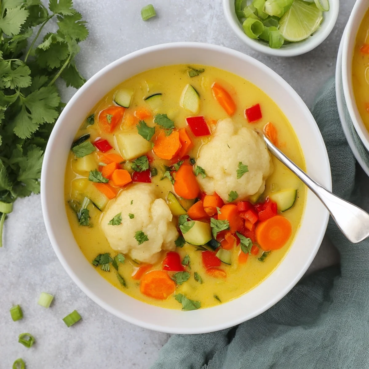 Golden coconut curry soup with soft pillowy dumplings swimming alongside bell peppers and carrots in a aromatic spiced broth