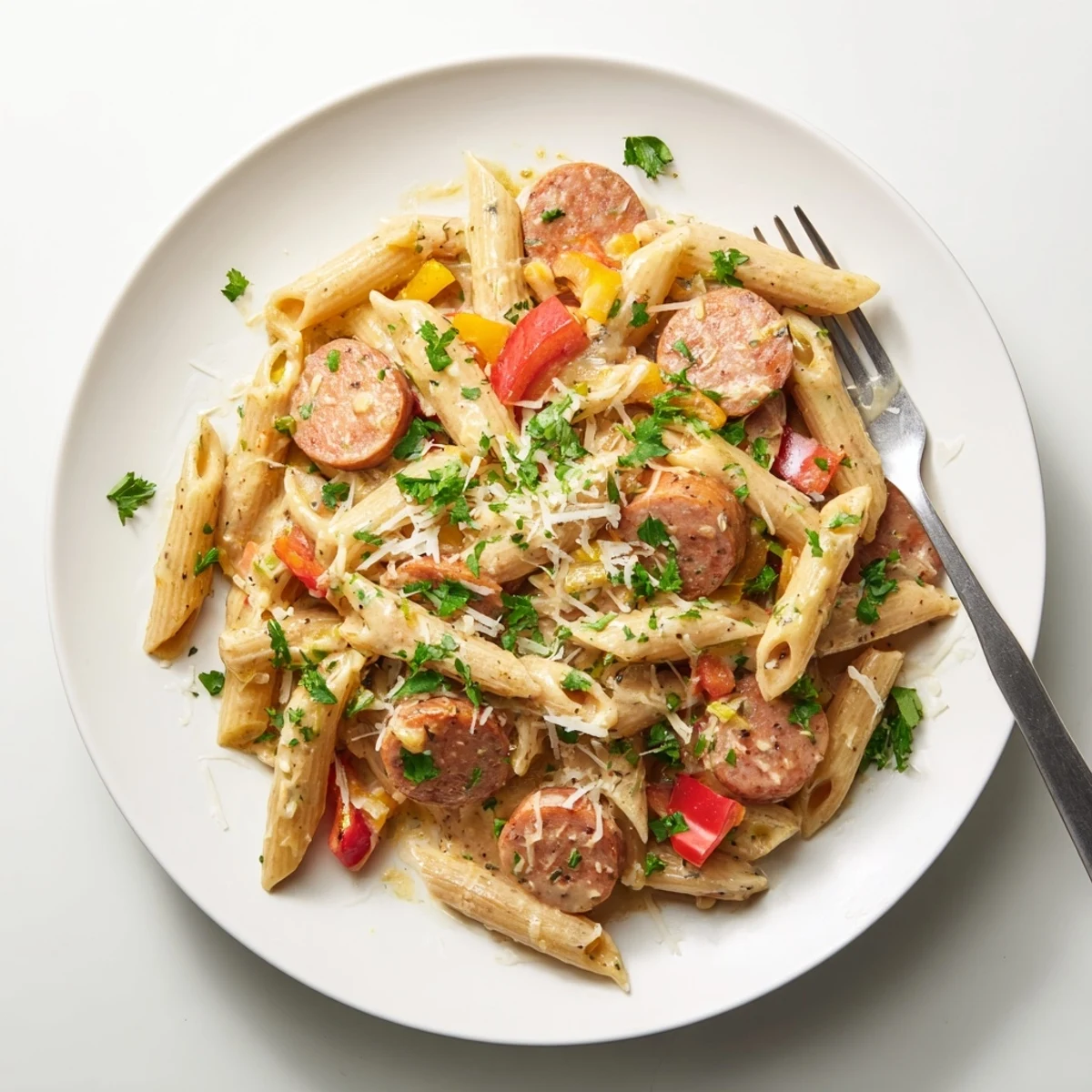 One pot creamy Cajun sausage pasta featuring smoky slices and tender penne in a rich spicy red sauce