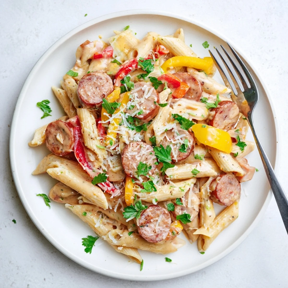 Creamy Cajun sausage pasta dish with sliced andouille, bell peppers, and parmesan served in a deep skillet
