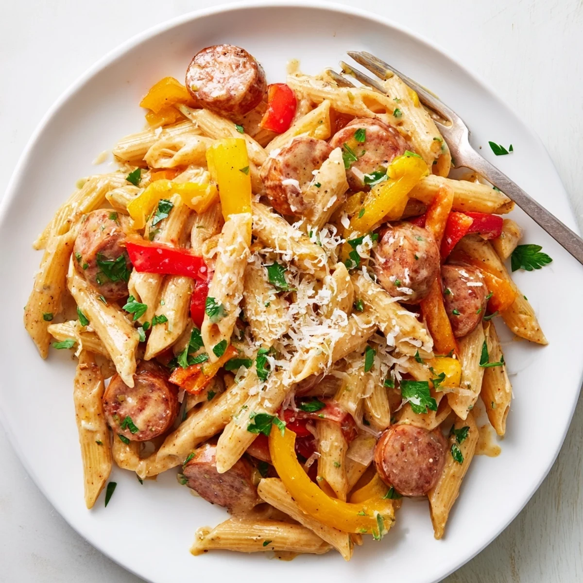 Close up of one pot Cajun sausage pasta with thick cream sauce coating penne and browned sausage rounds