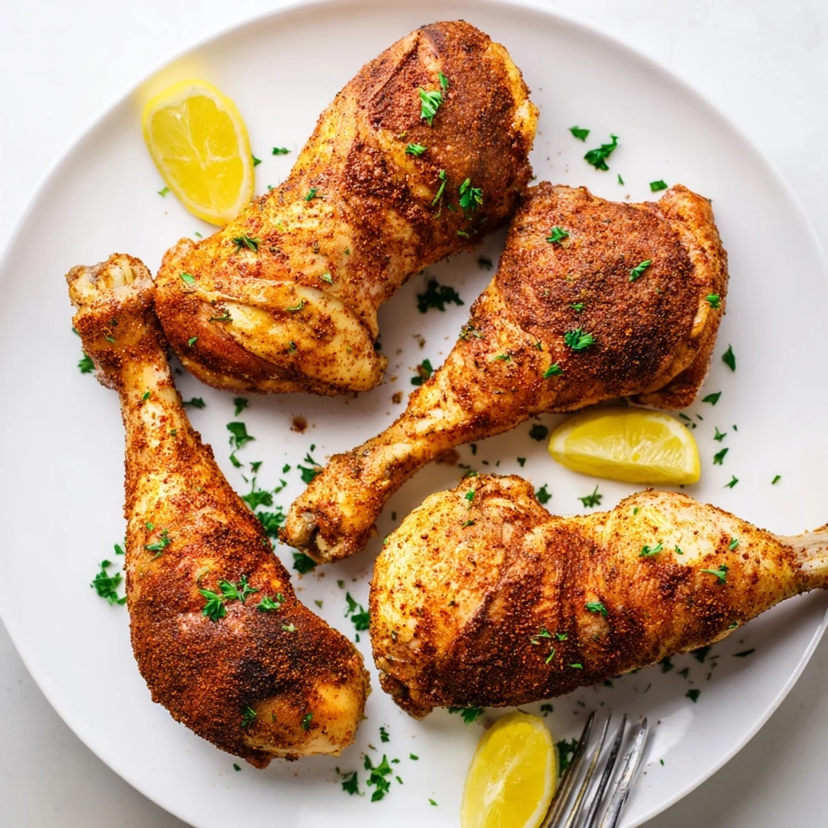 Baked paprika chicken legs seasoned with sweet and smoked spices on a white platter