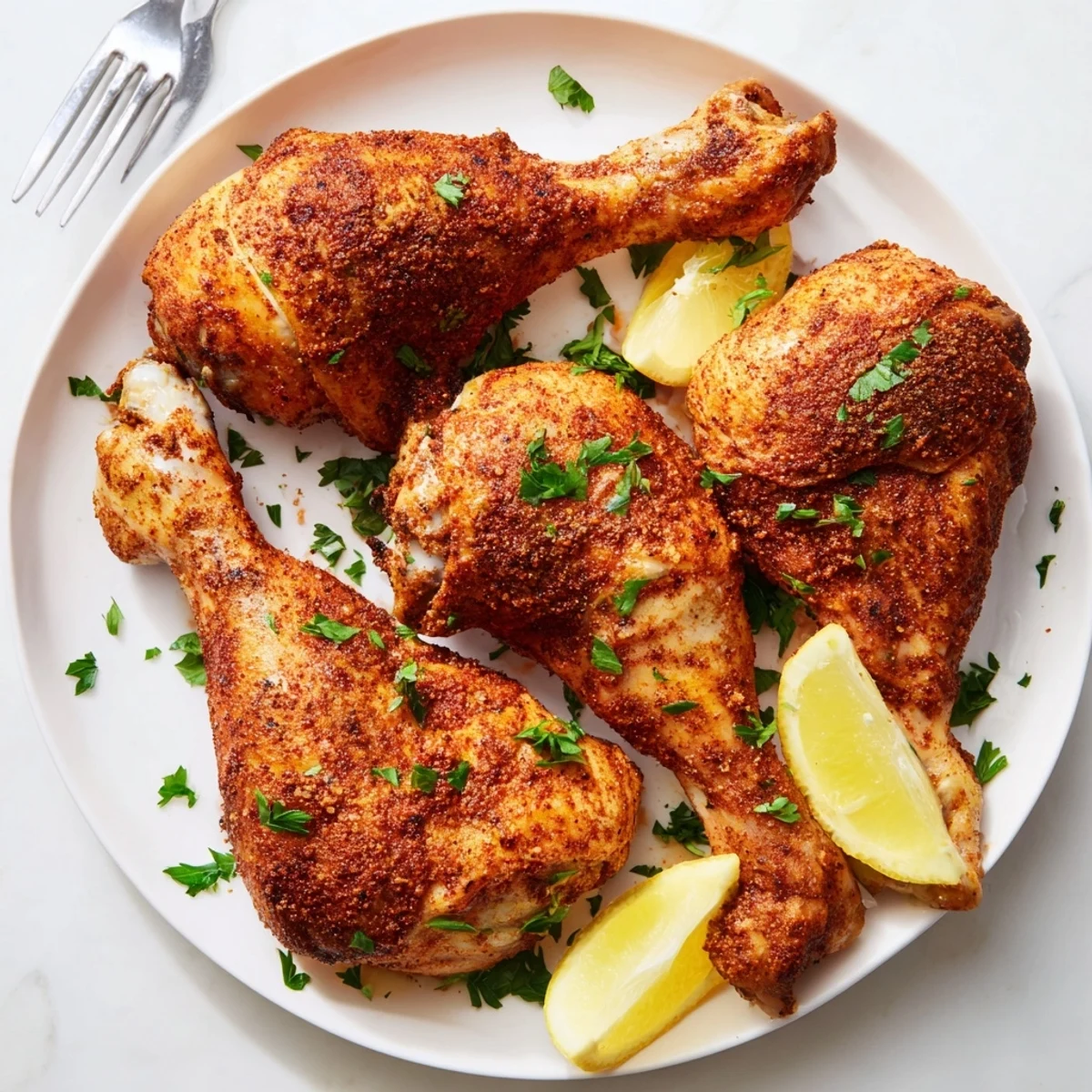 Oven-roasted paprika chicken legs garnished with fresh parsley and served with lemon wedges