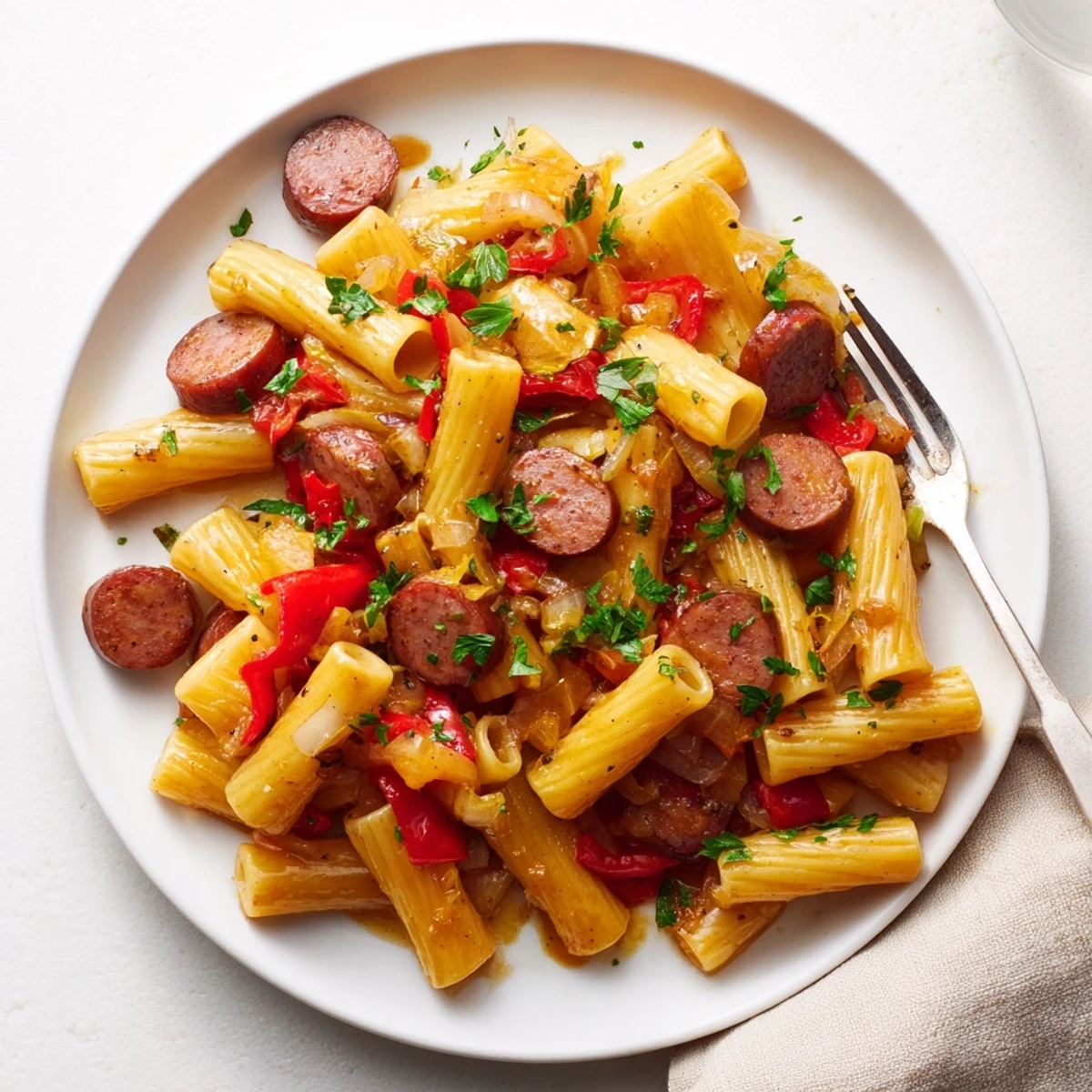 Golden sticky honey garlic sausage pasta skillet coated in glossy sweet-savory glaze