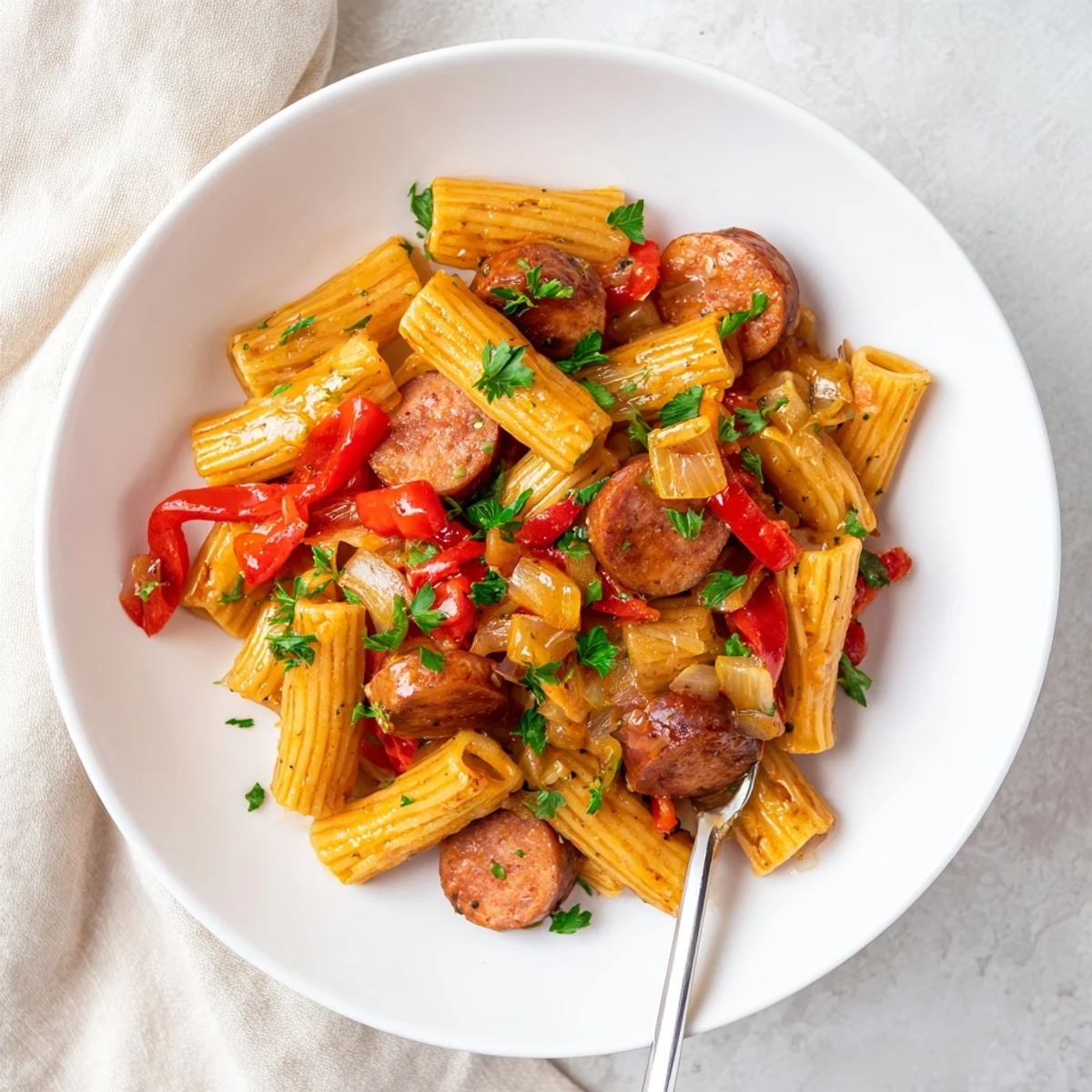 Comforting one-pot honey garlic sausage pasta dinner with caramelized vegetables and fresh parsley garnish