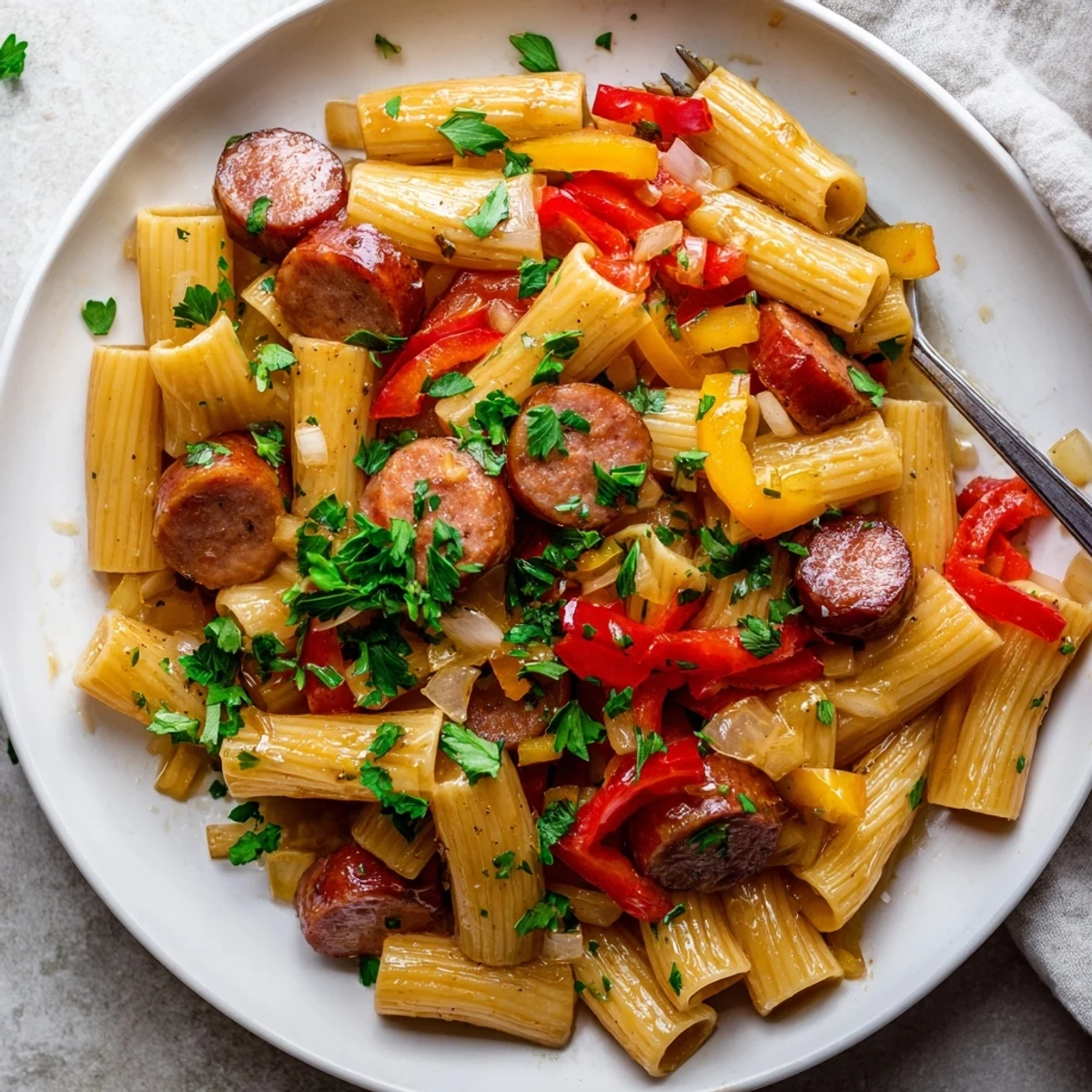 Juicy smoked sausage and penne tossed in thick honey garlic sauce in cast iron