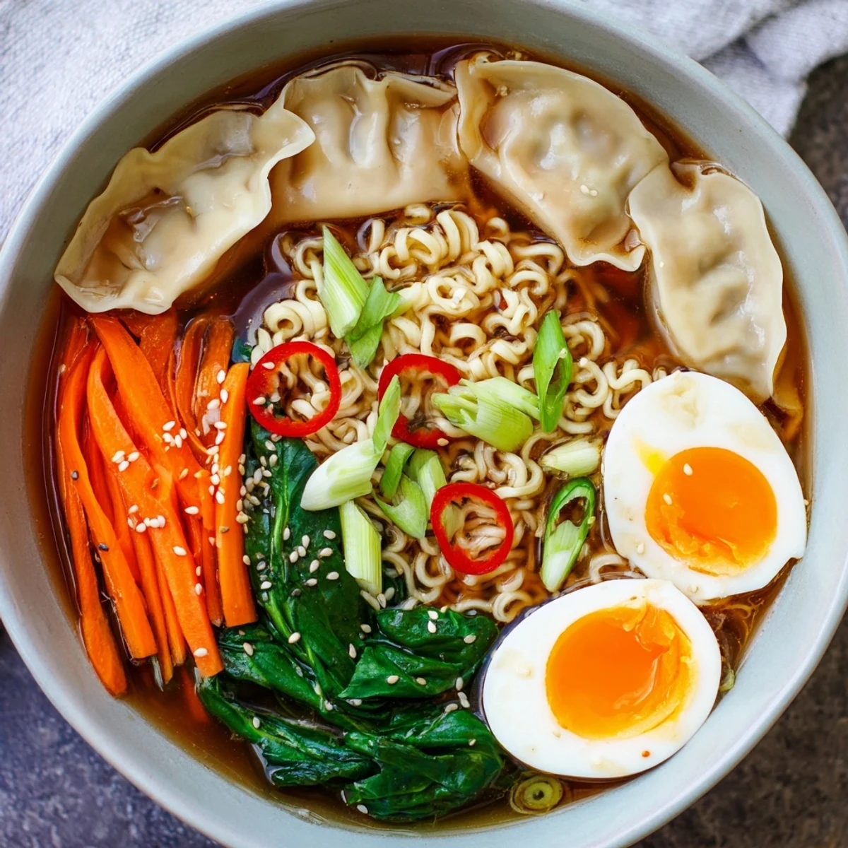 Close-up of dumpling ramen bowl with soft-boiled egg and sliced green onions