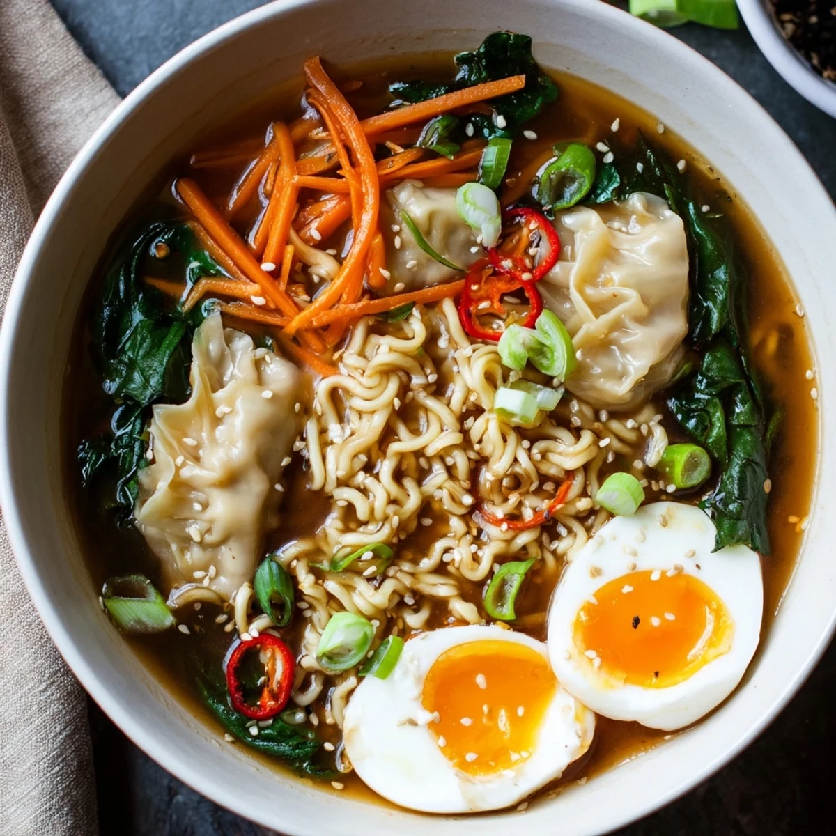 Hearty dumpling ramen bowl with mushrooms, spinach, and carrots in rich miso broth