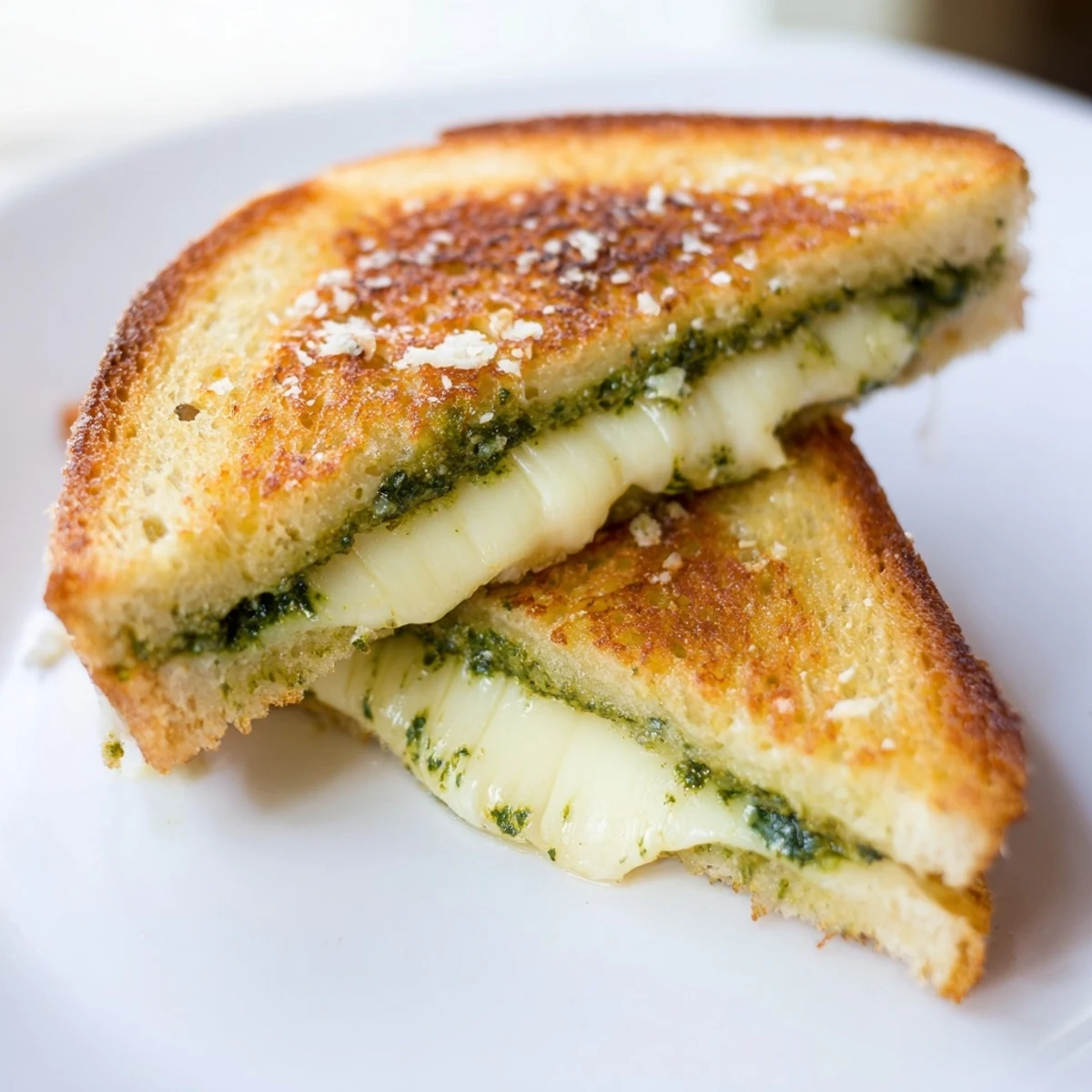 Golden brown pesto grilled cheese sandwich with melted mozzarella oozing from crispy sourdough bread