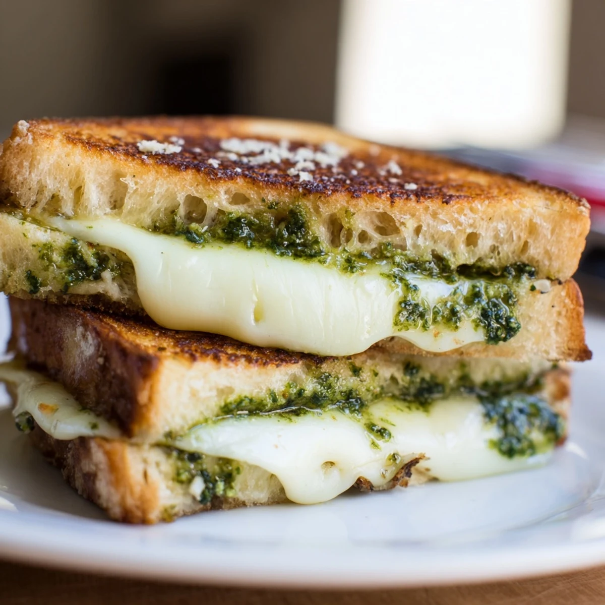 Gourmet pesto grilled cheese sandwich cut diagonally showing vibrant green basil and gooey melted cheese layers