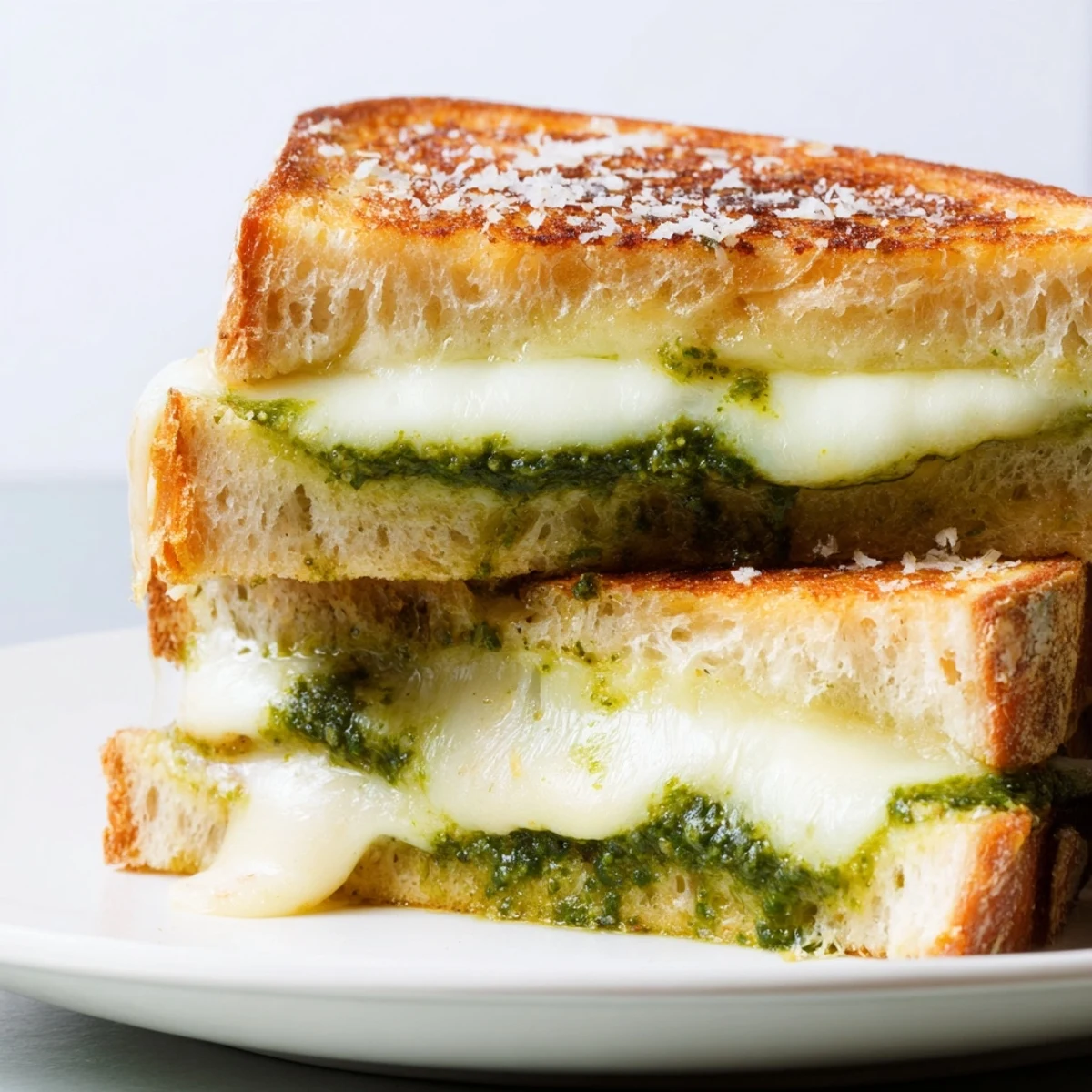 Pan-fried pesto grilled cheese sandwich with perfectly toasted crust and strings of stretchy mozzarella cheese