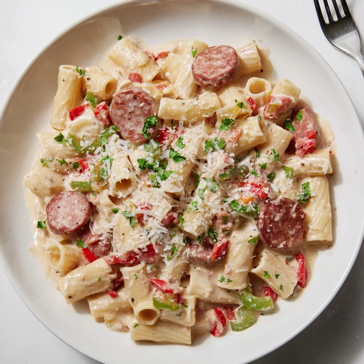 One pot creamy spicy Cajun sausage pasta with tender penne coated in rich Parmesan sauce
