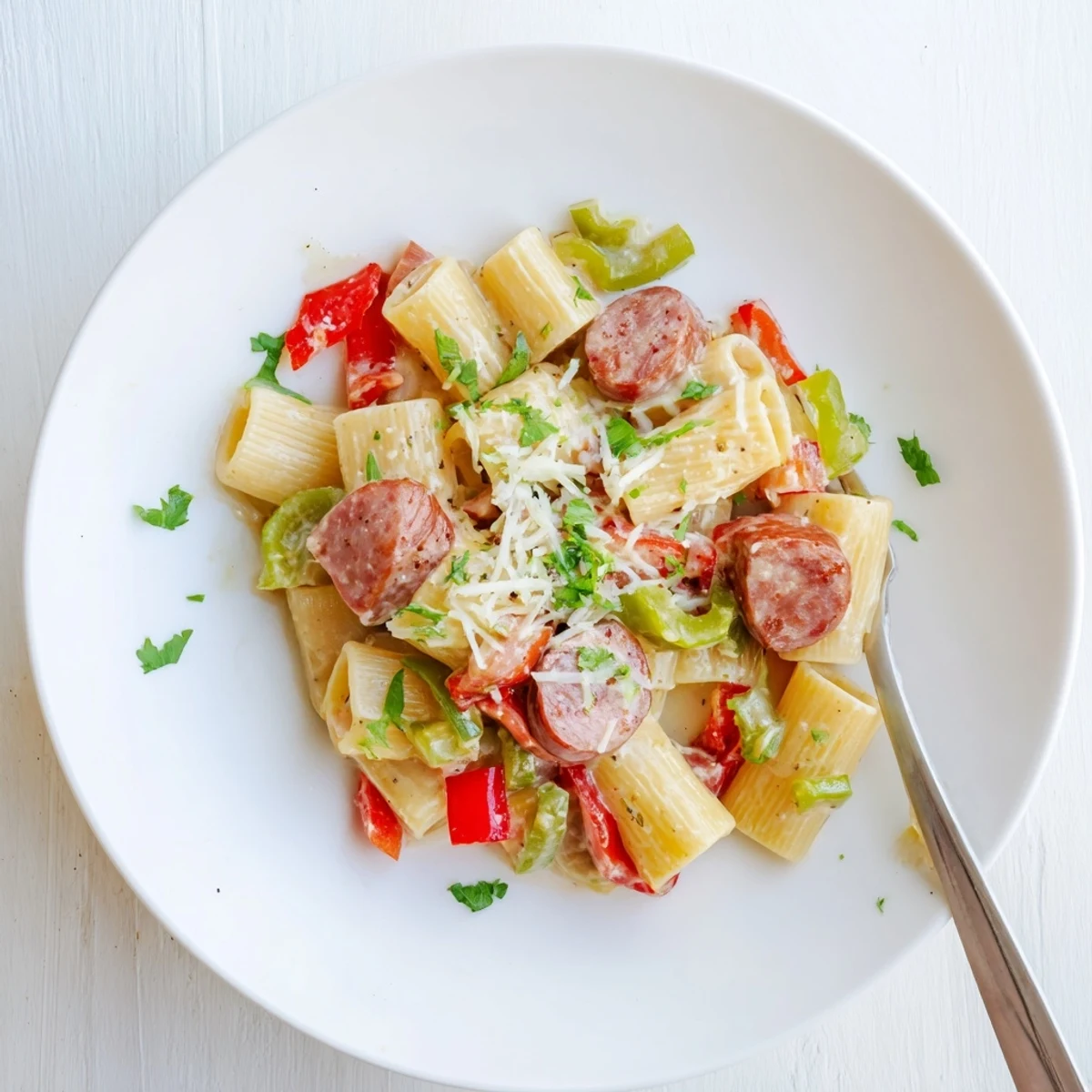 Steaming bowl of Cajun sausage pasta featuring colorful bell peppers and melted cheese garnish