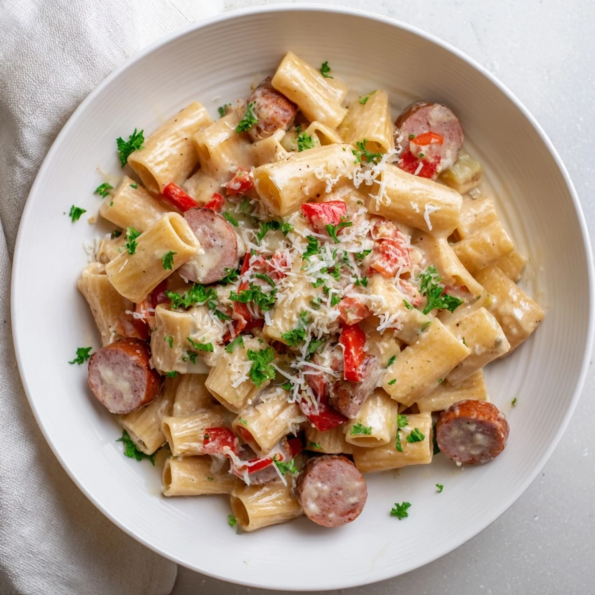 Close up of spicy sausage pasta dish with creamy sauce and fresh parsley topping
