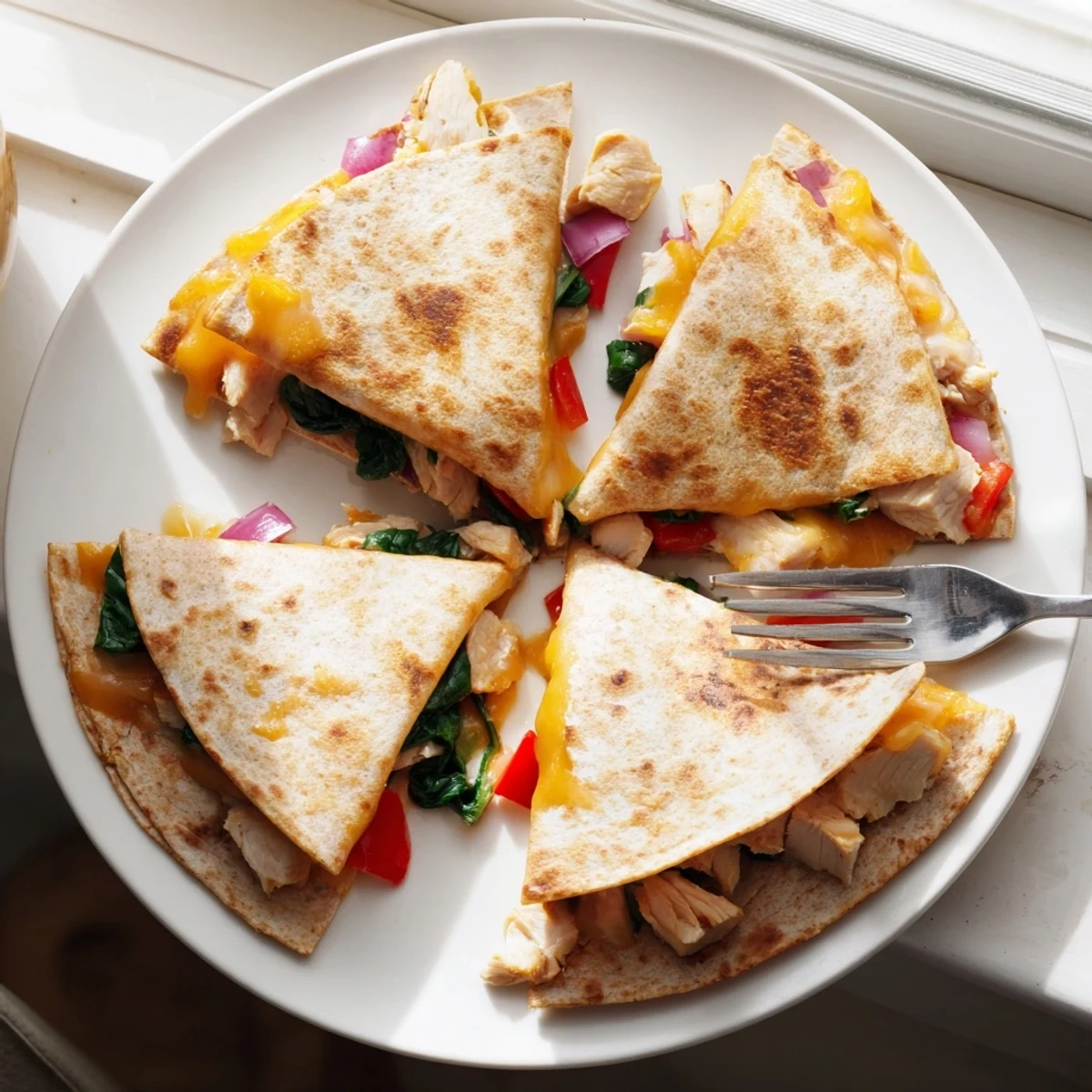 Golden brown high protein chicken ranch quesadilla sliced into wedges revealing melted cheese and colorful vegetables