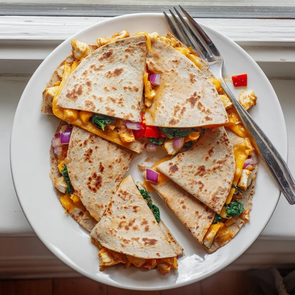 Sizzling skillet quesadilla with grilled chicken breast, cheddar and mozzarella cheese, served warm on a white plate