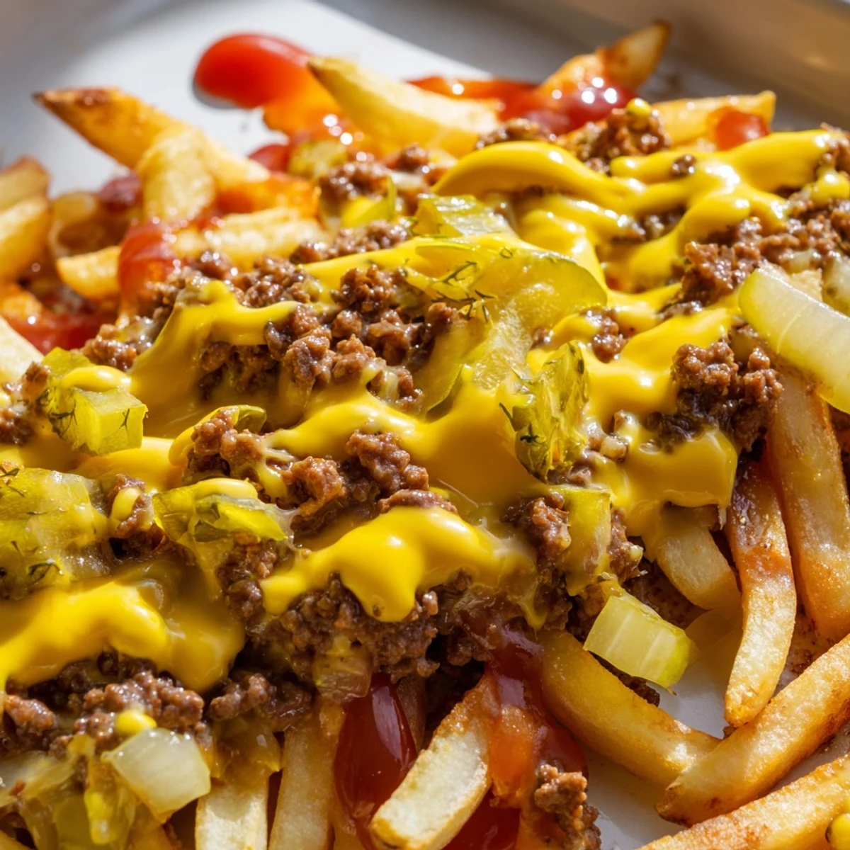 Golden crispy French fries blanket a bubbling cheeseburger casserole topped with melted cheddar cheese