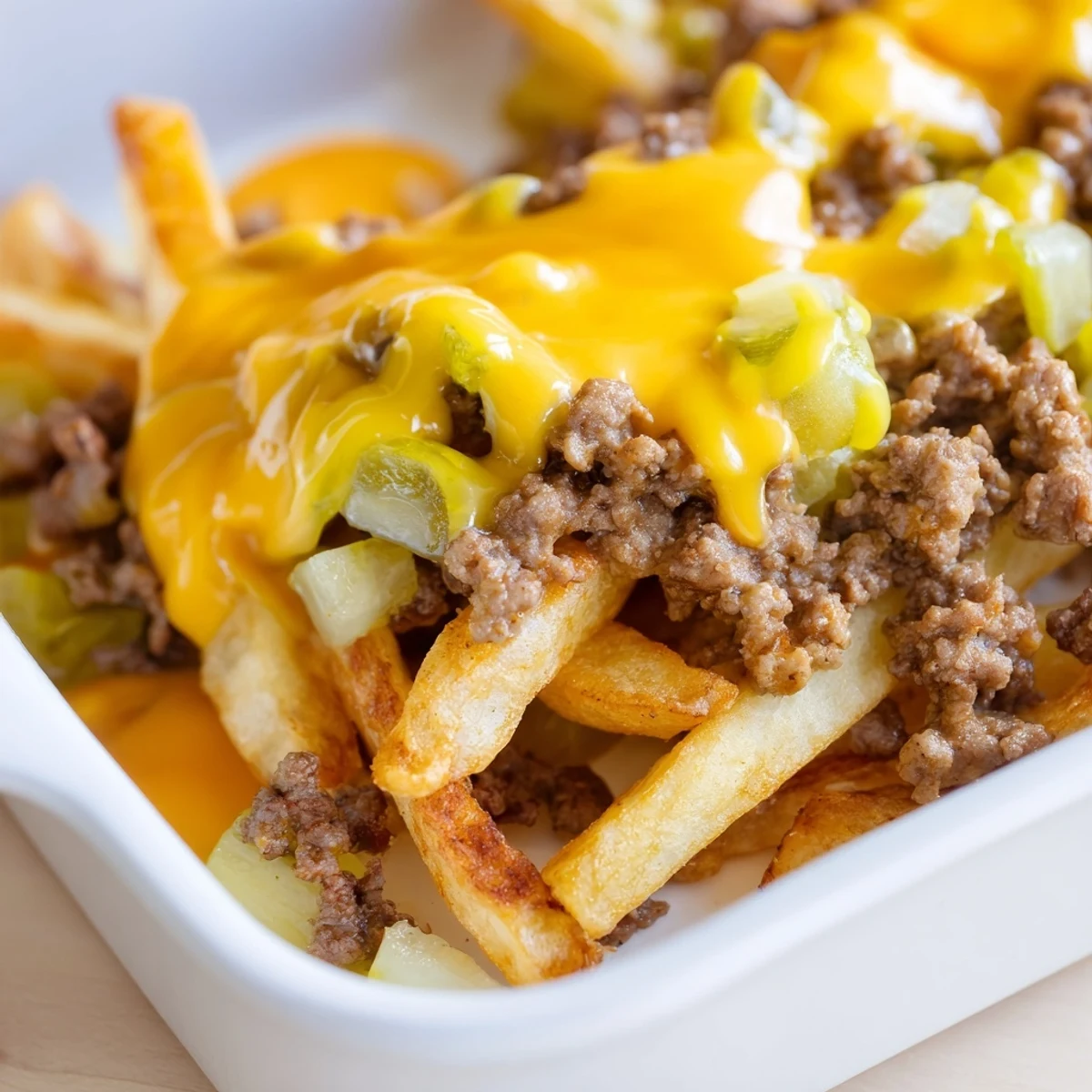 Baked cheeseburger French fry casserole with seasoned ground beef and gooey cheese under crispy fries