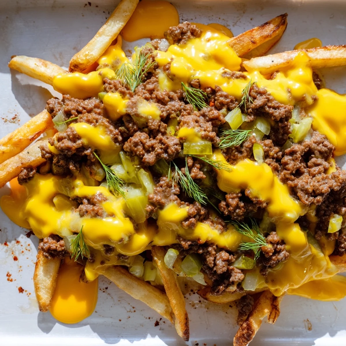 Hearty casserole dish loaded with browned beef, cheese sauce, and a crown of golden French fries
