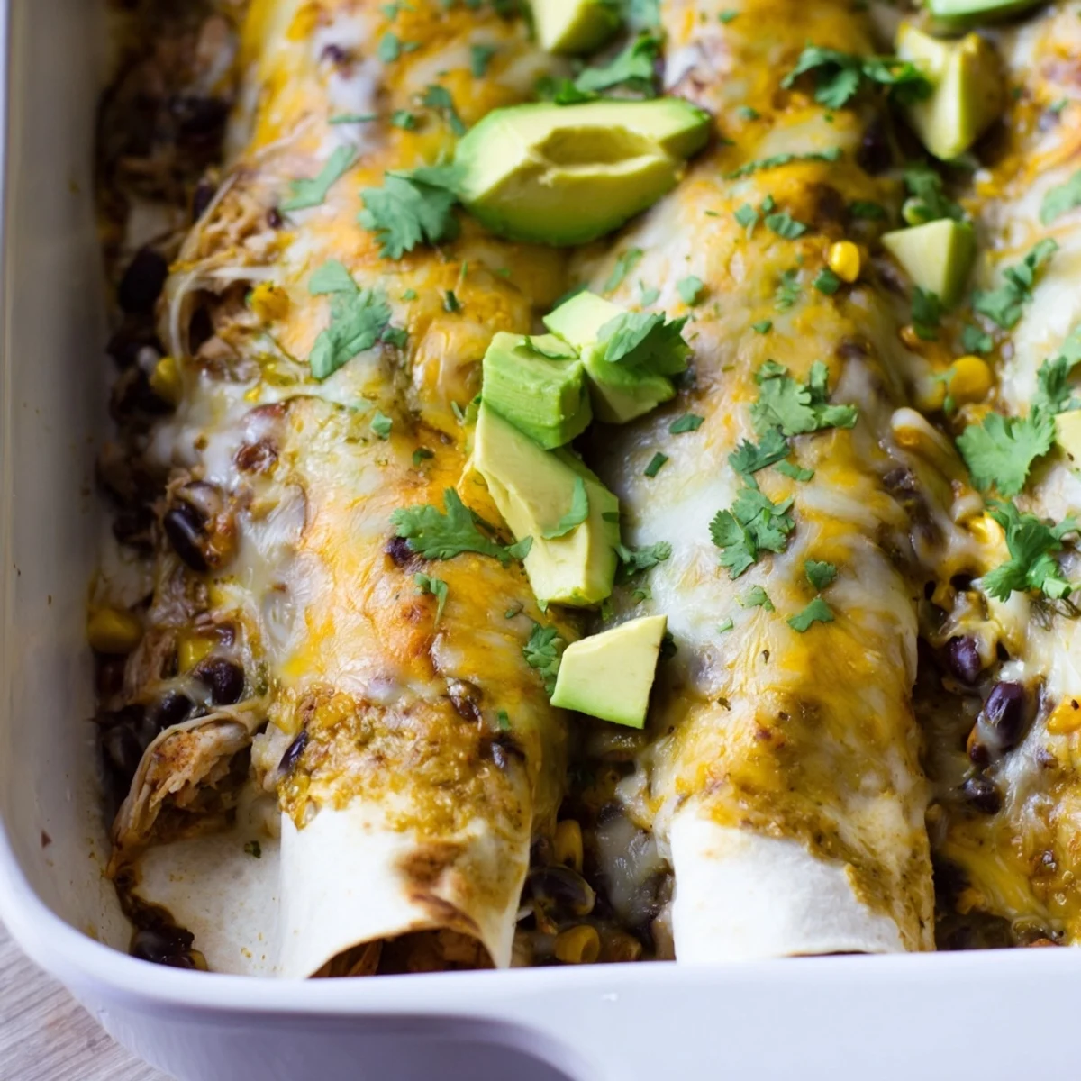 Golden baked salsa verde chicken enchiladas topped with melted Monterey Jack cheese and fresh cilantro