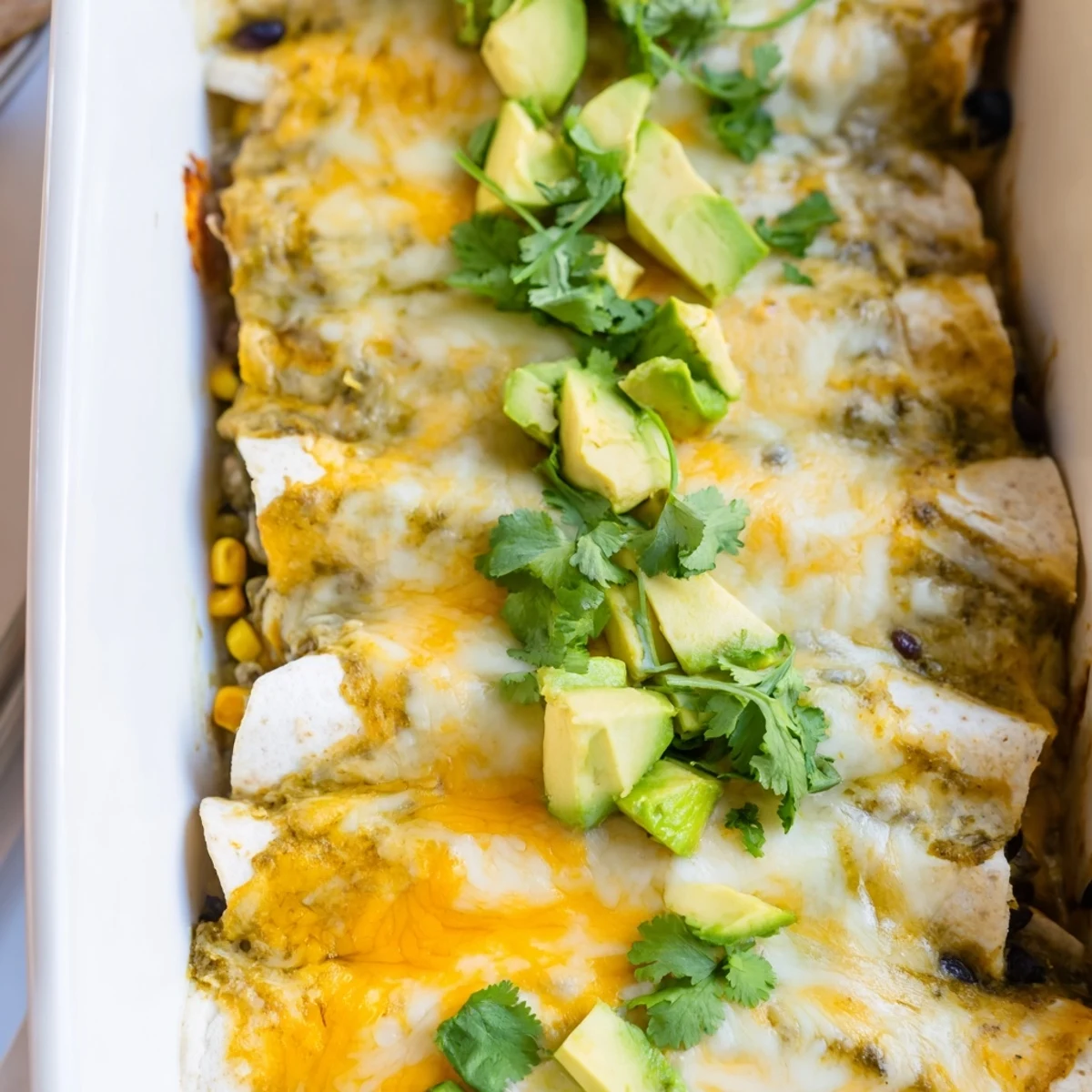 Steamy Mexican casserole featuring shredded chicken rolled in corn tortillas with tangy green salsa