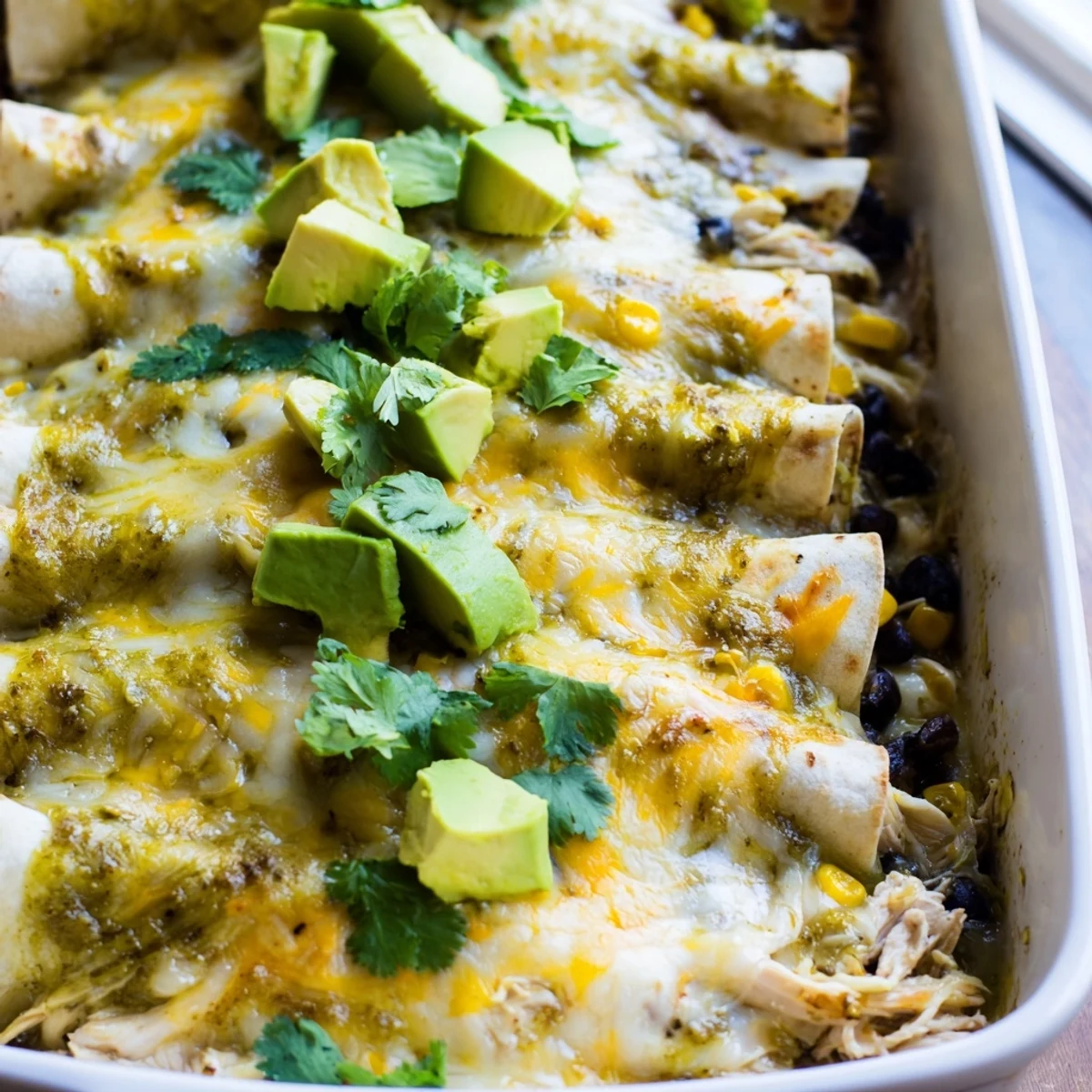 Cheesy chicken enchiladas smothered in vibrant salsa verde with garnishes of avocado and lime wedges