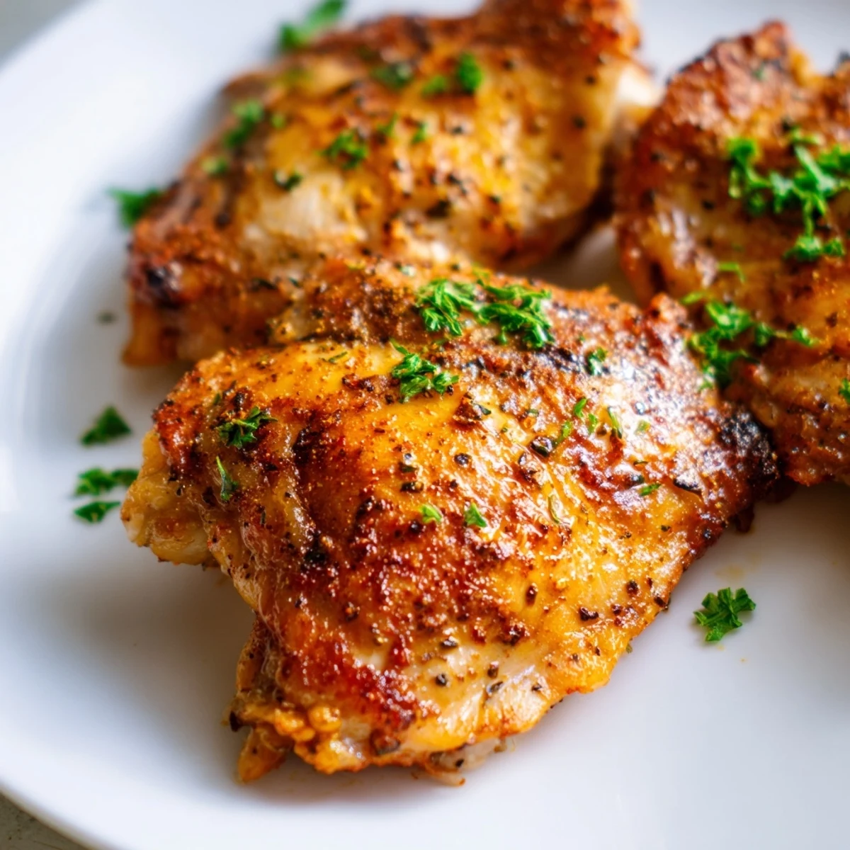 Golden pan-seared chicken thighs garnished with fresh parsley and lemon wedges