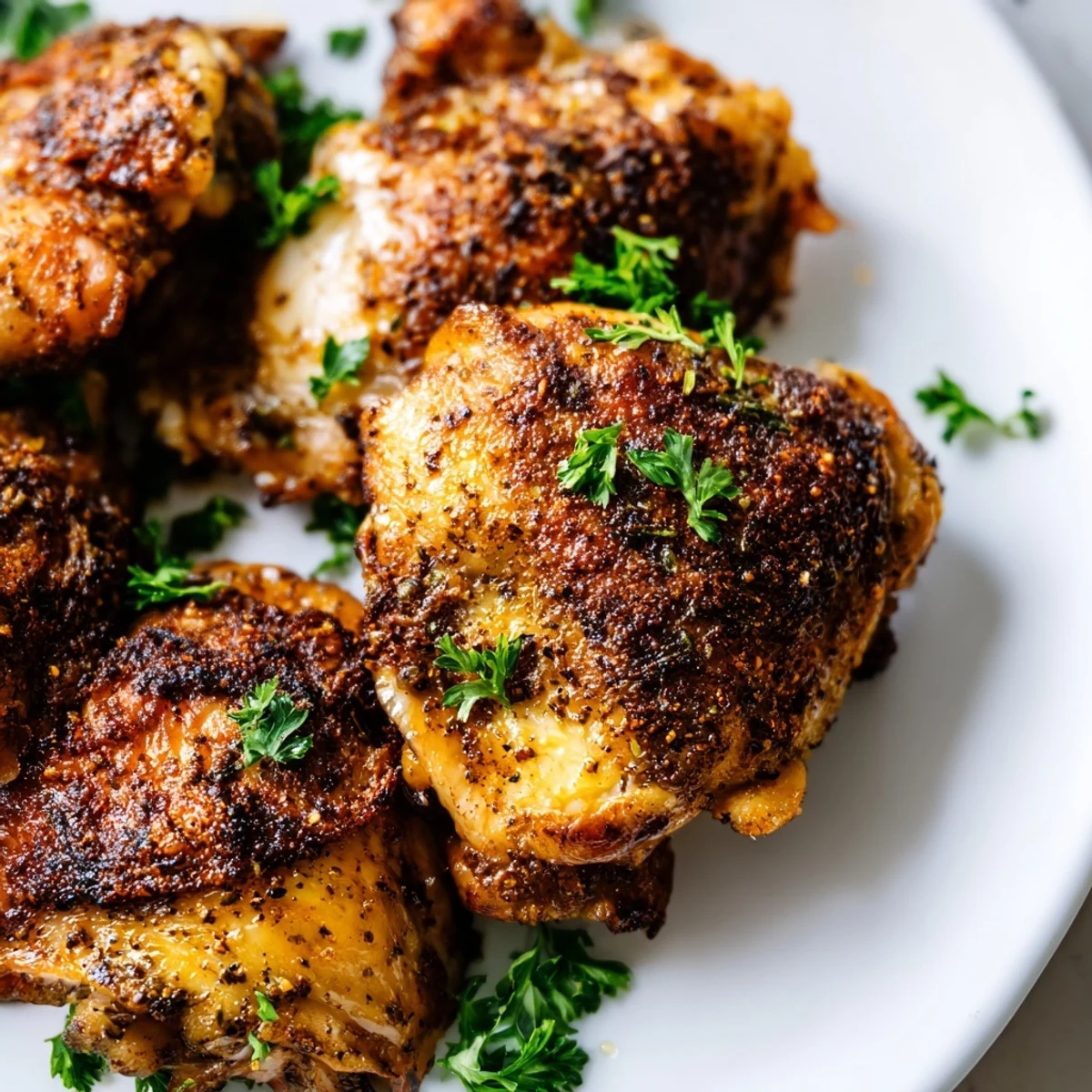 Juicy oven roasted ultimate boneless skinless chicken thighs on a white serving platter