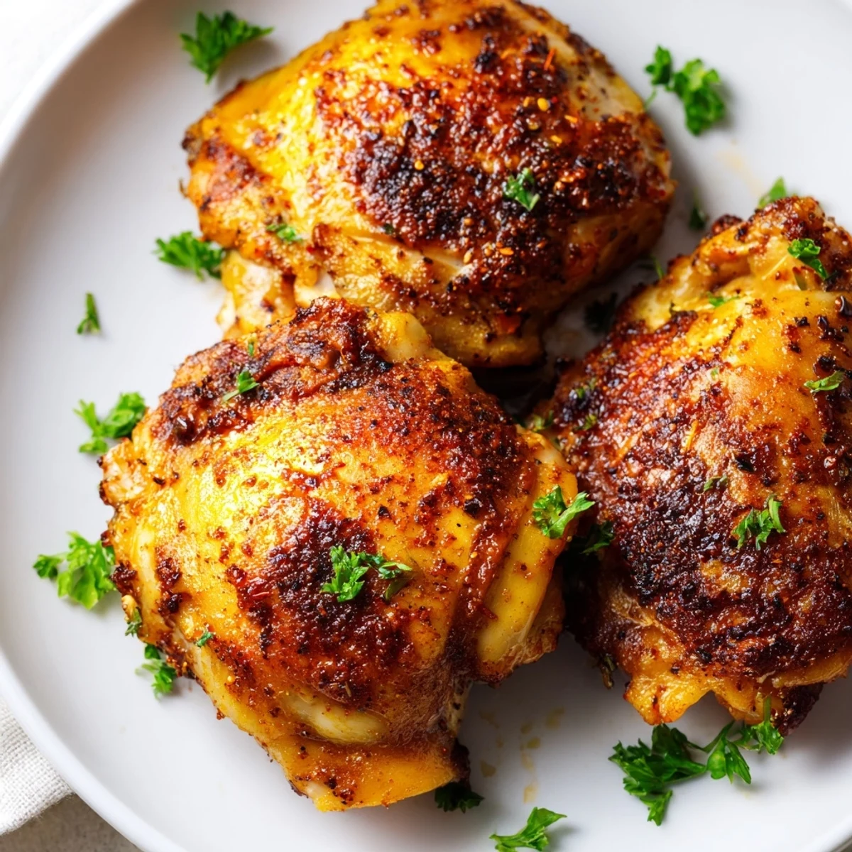 Perfectly cooked chicken thighs with crispy golden edges and smoky spice rub